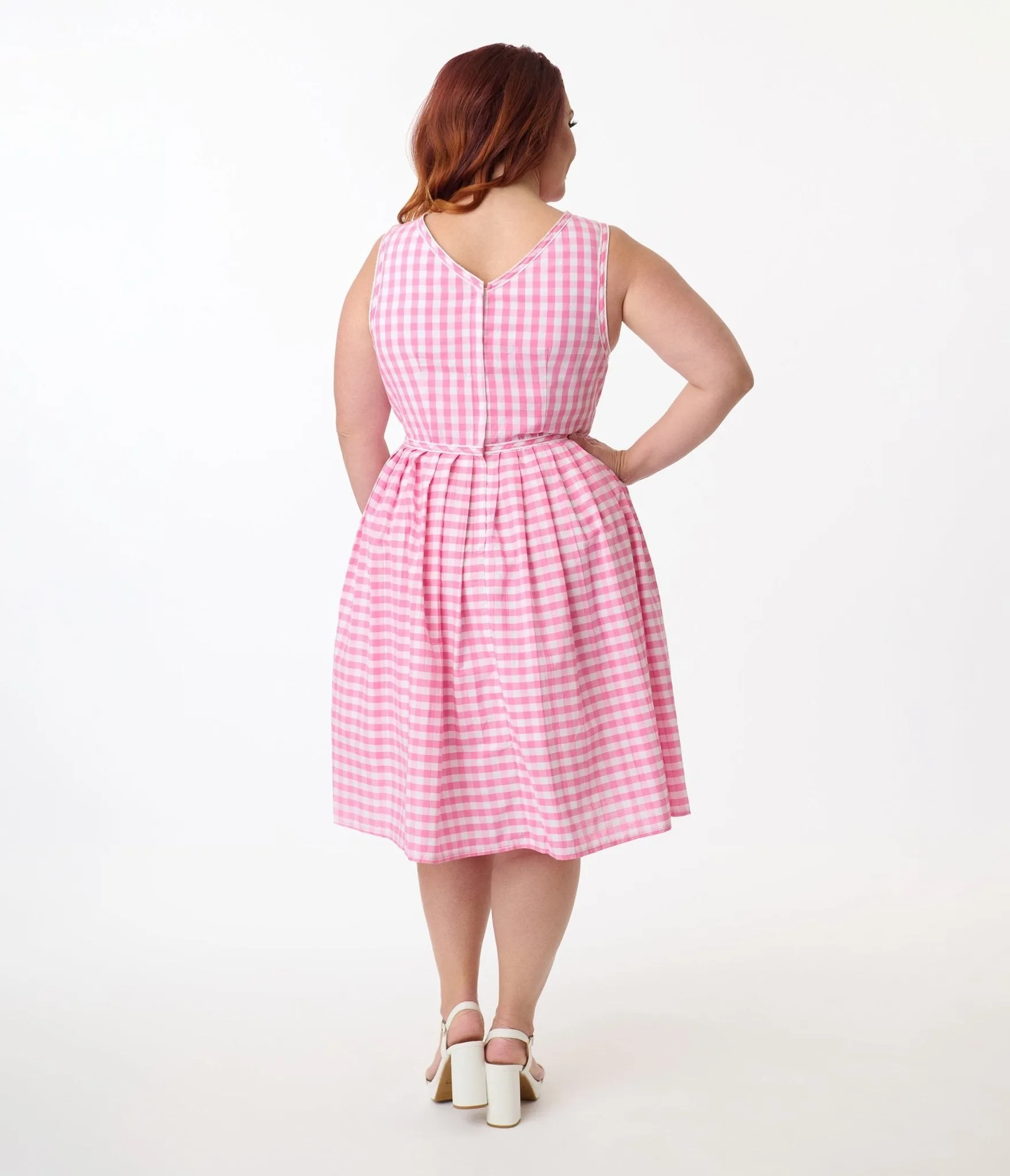 Unique Vintage Plus Size Pink Gingham Picnic Weave Swing Dress Casual Everyday Look