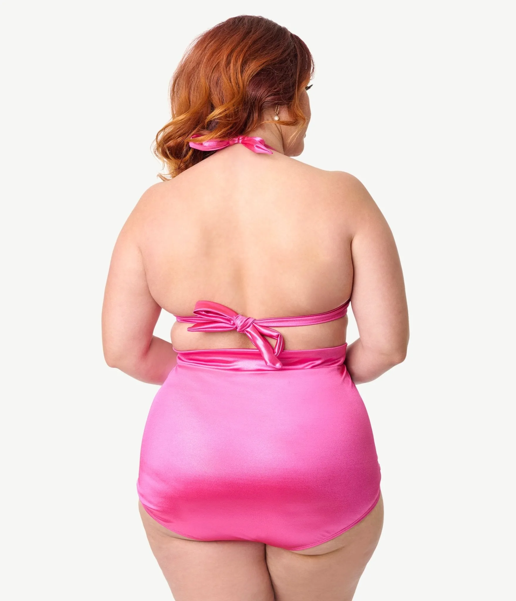 Unique Vintage Plus Size Pink Shimmer Monroe Halter Swim Top Beach Vacation Ready
