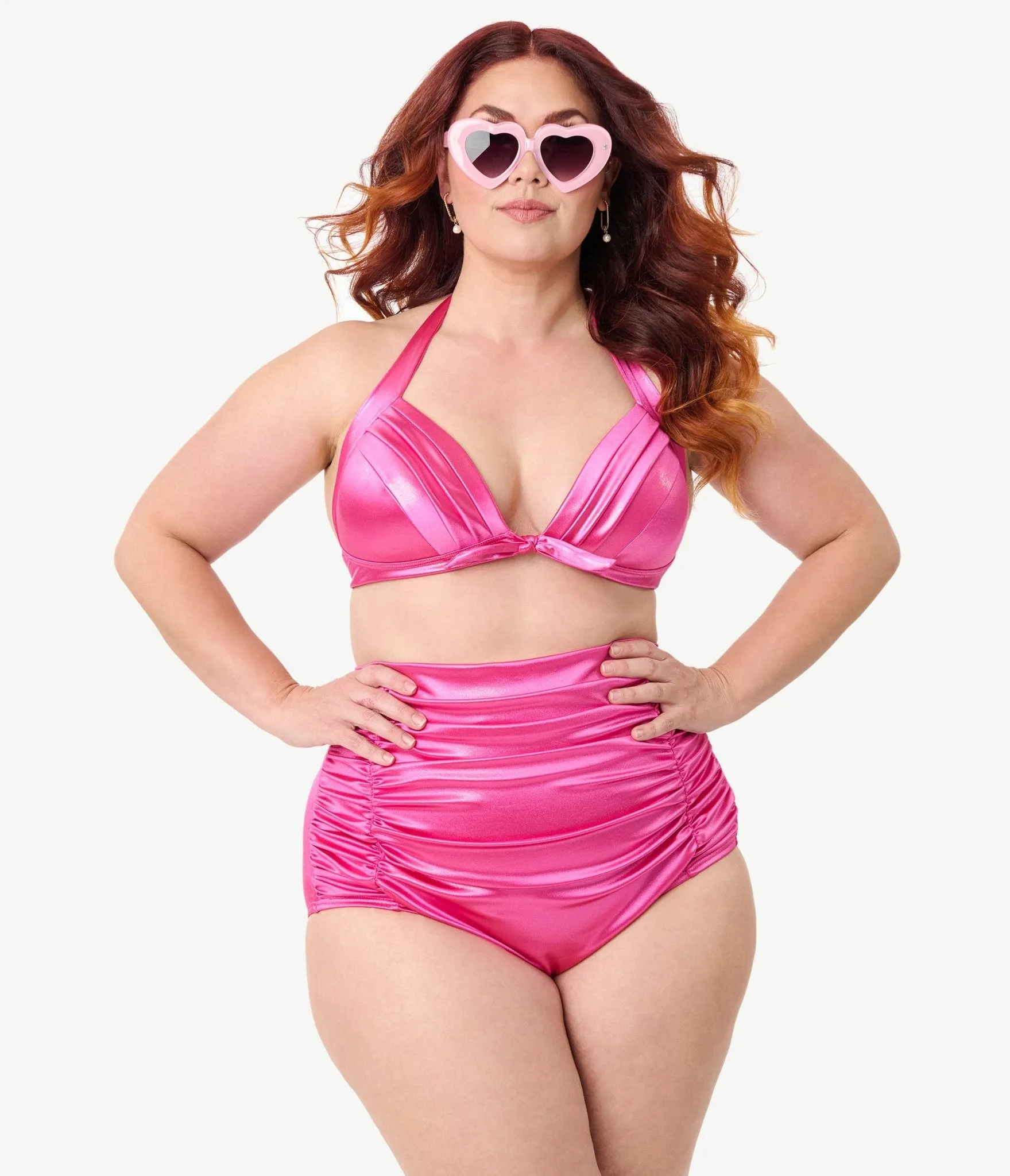 Unique Vintage Plus Size Pink Shimmer Monroe Halter Swim Top Beach Vacation Ready