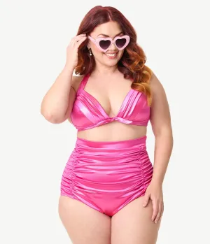 Unique Vintage Plus Size Pink Shimmer Monroe Halter Swim Top Beach Vacation Ready