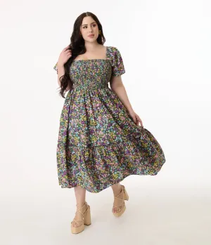 Unique Vintage Plus Size Purple Ditsy Floral Smocked Bodice Midi Dress Casual Everyday Look
