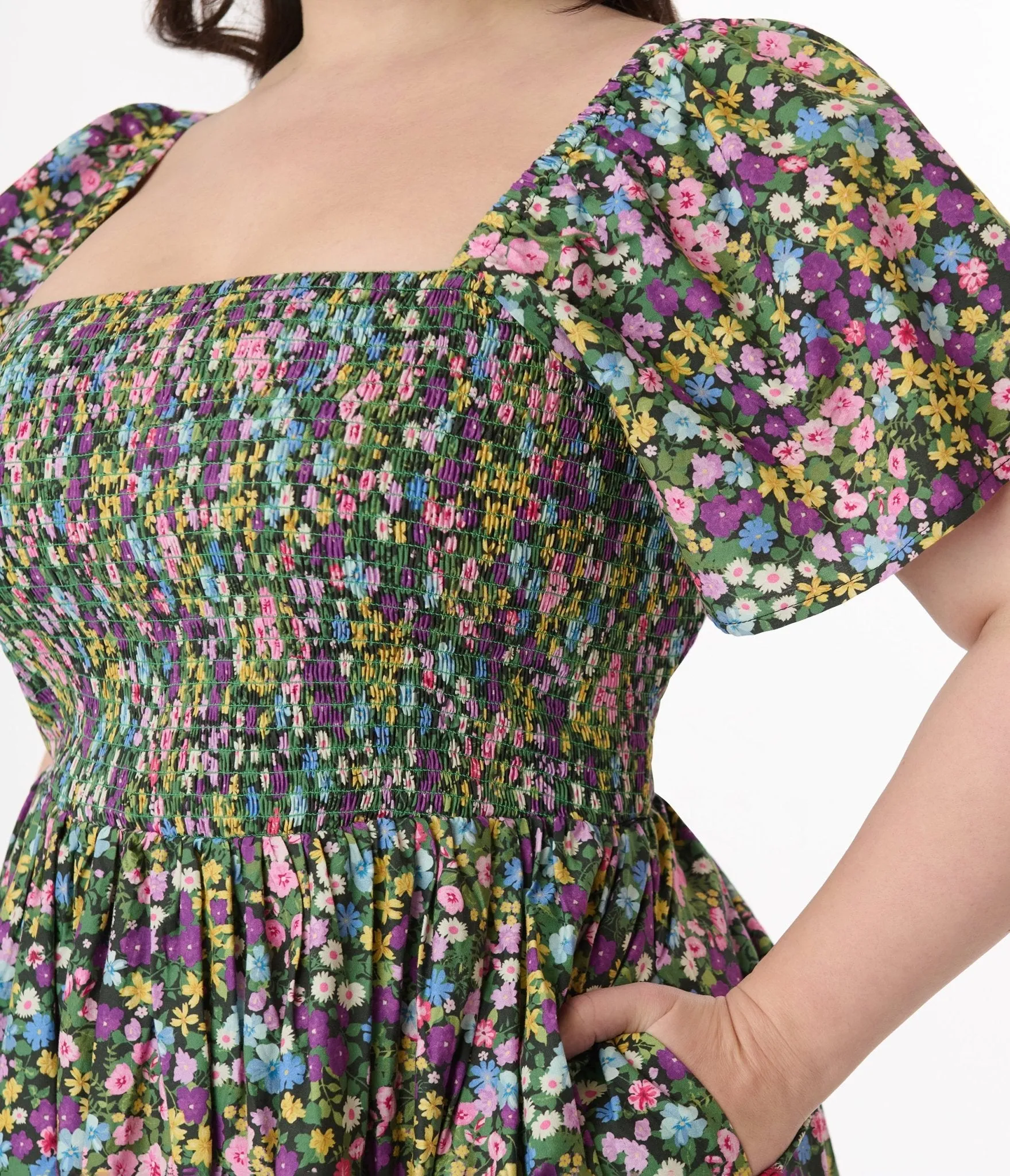 Unique Vintage Plus Size Purple Ditsy Floral Smocked Bodice Midi Dress Casual Everyday Look