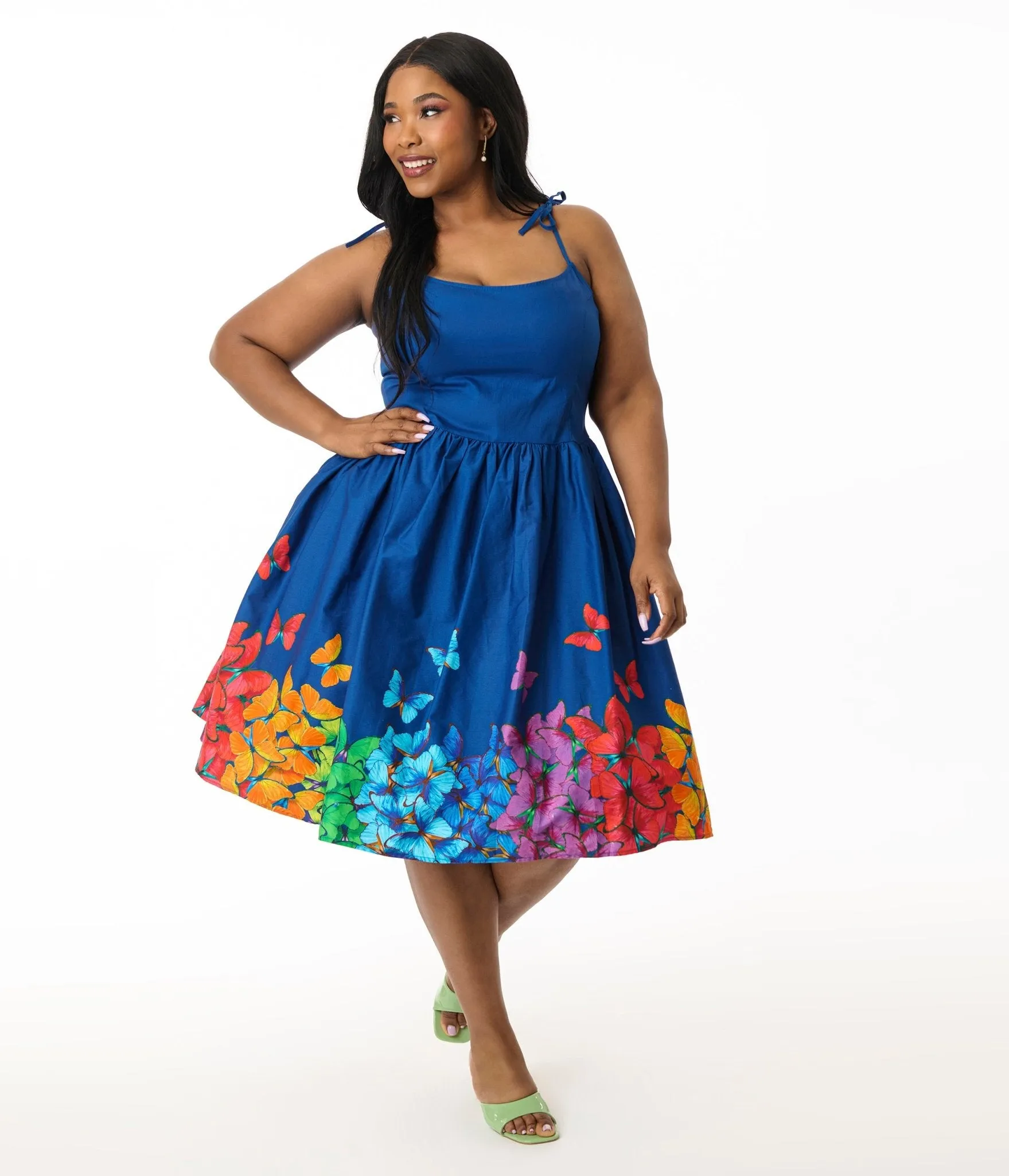 Unique Vintage Plus Size Rainbow Butterfly Cotton Bobbie Swing Dress Casual Everyday Look