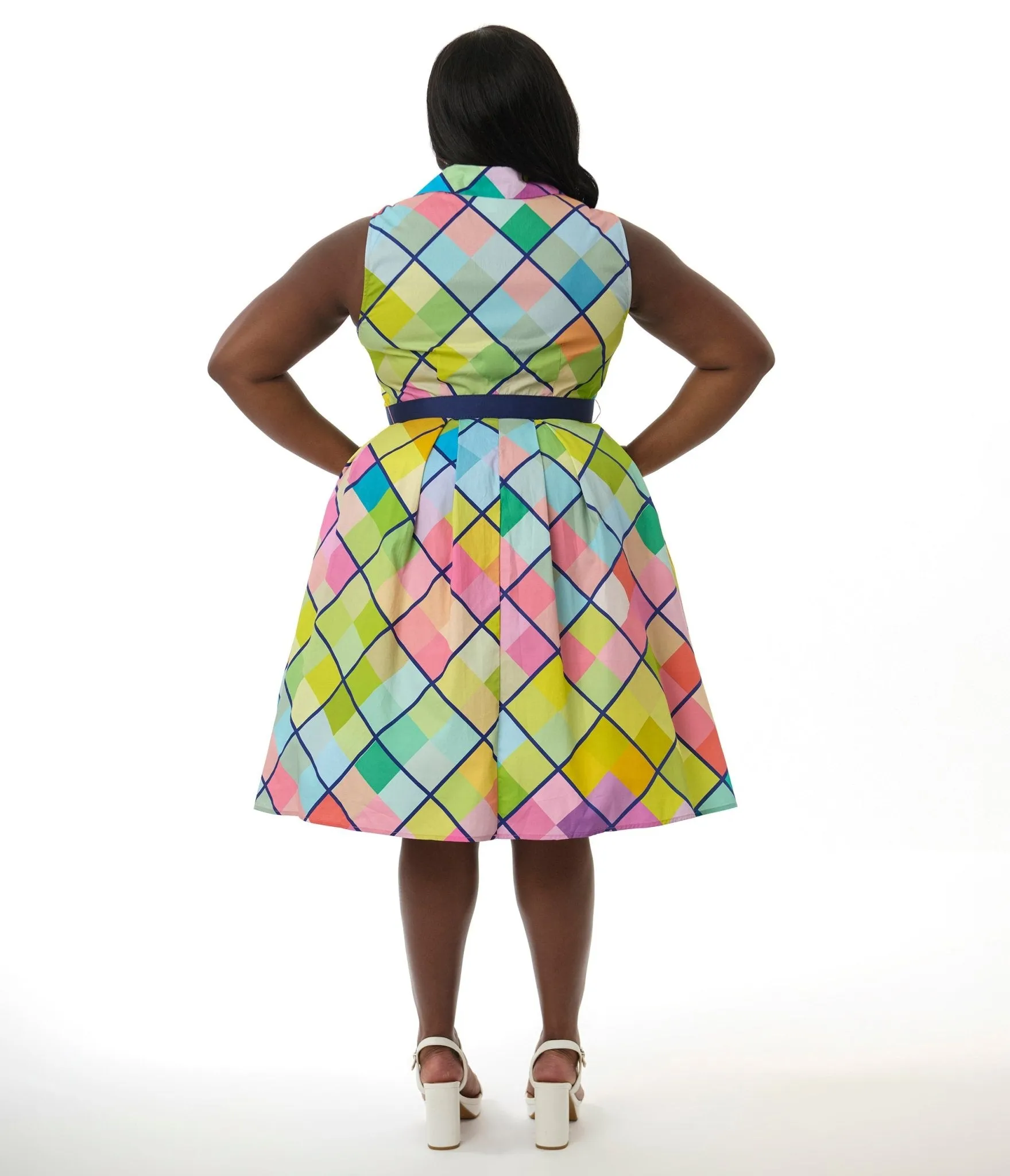 Unique Vintage Plus Size Rainbow Diamond Plaid Edith Swing Dress Casual Everyday Look