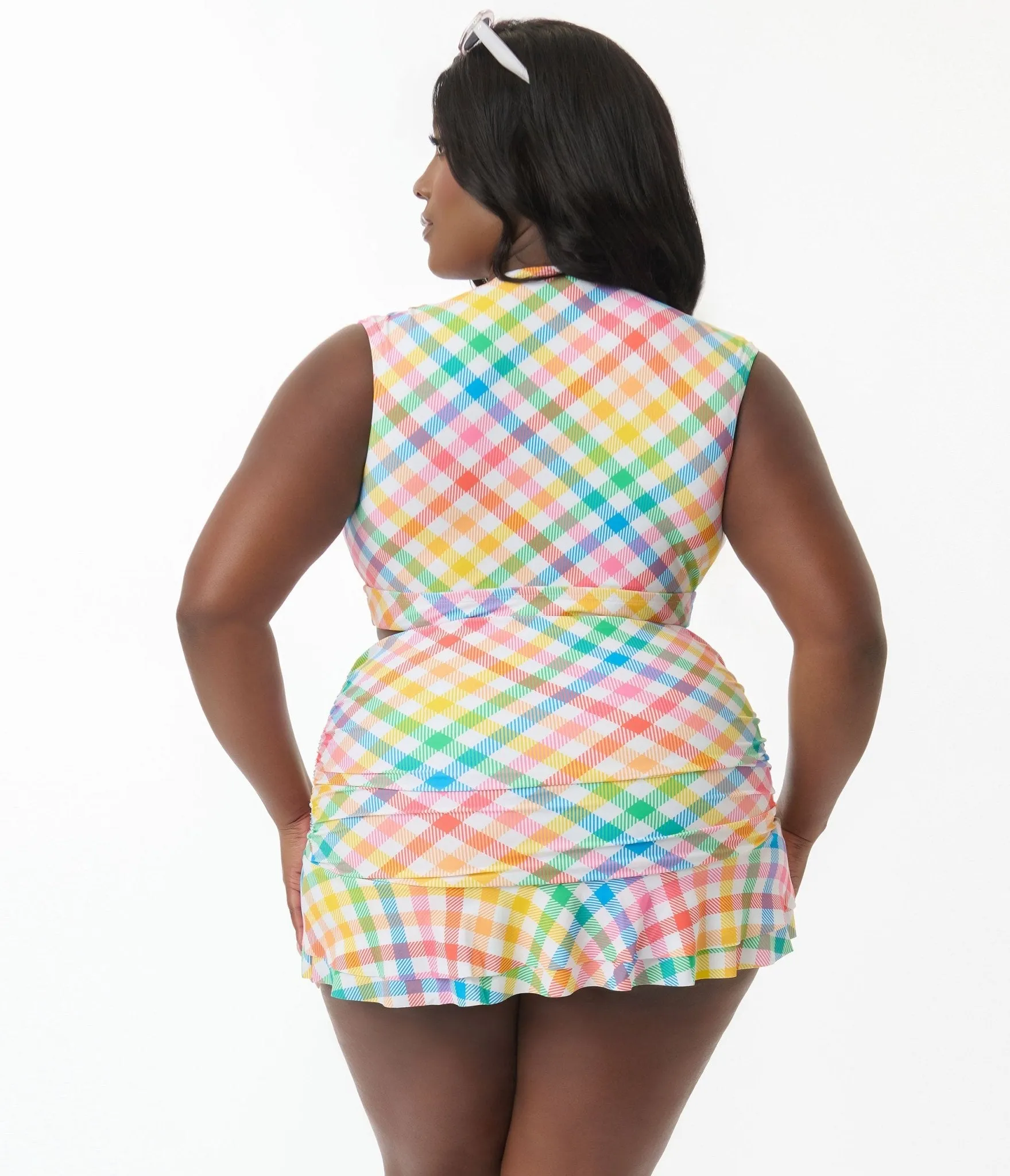 Unique Vintage Plus Size Rainbow Gingham Ruched Alice Swim Skirt Beach Vacation Ready