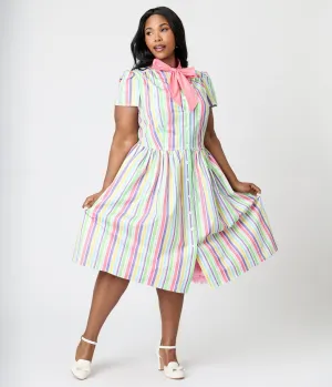 Unique Vintage Plus Size Rainbow Pastel Stripe Dapper Dan Bow Swing Dress Casual Everyday Look