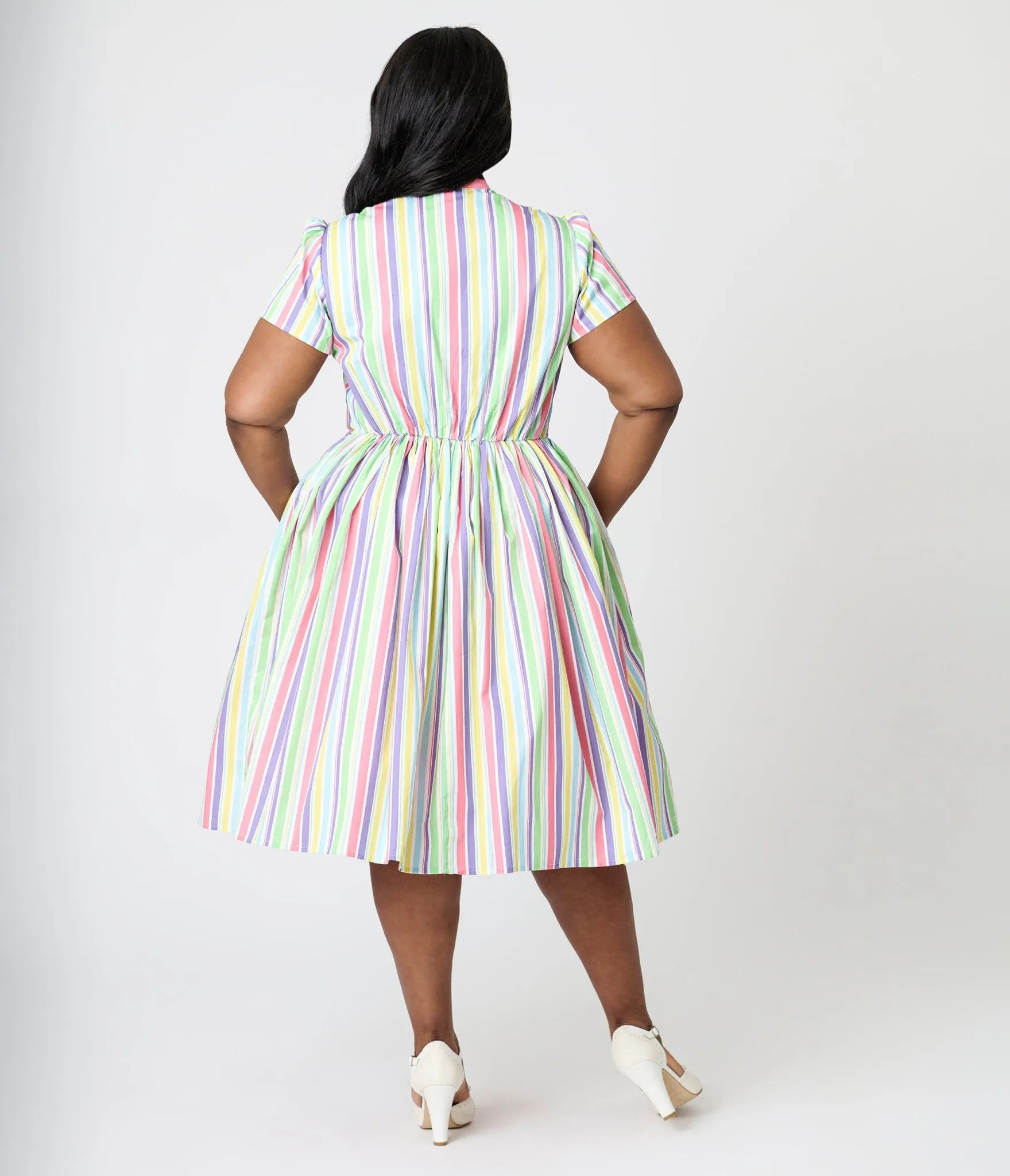 Unique Vintage Plus Size Rainbow Pastel Stripe Dapper Dan Bow Swing Dress Casual Everyday Look