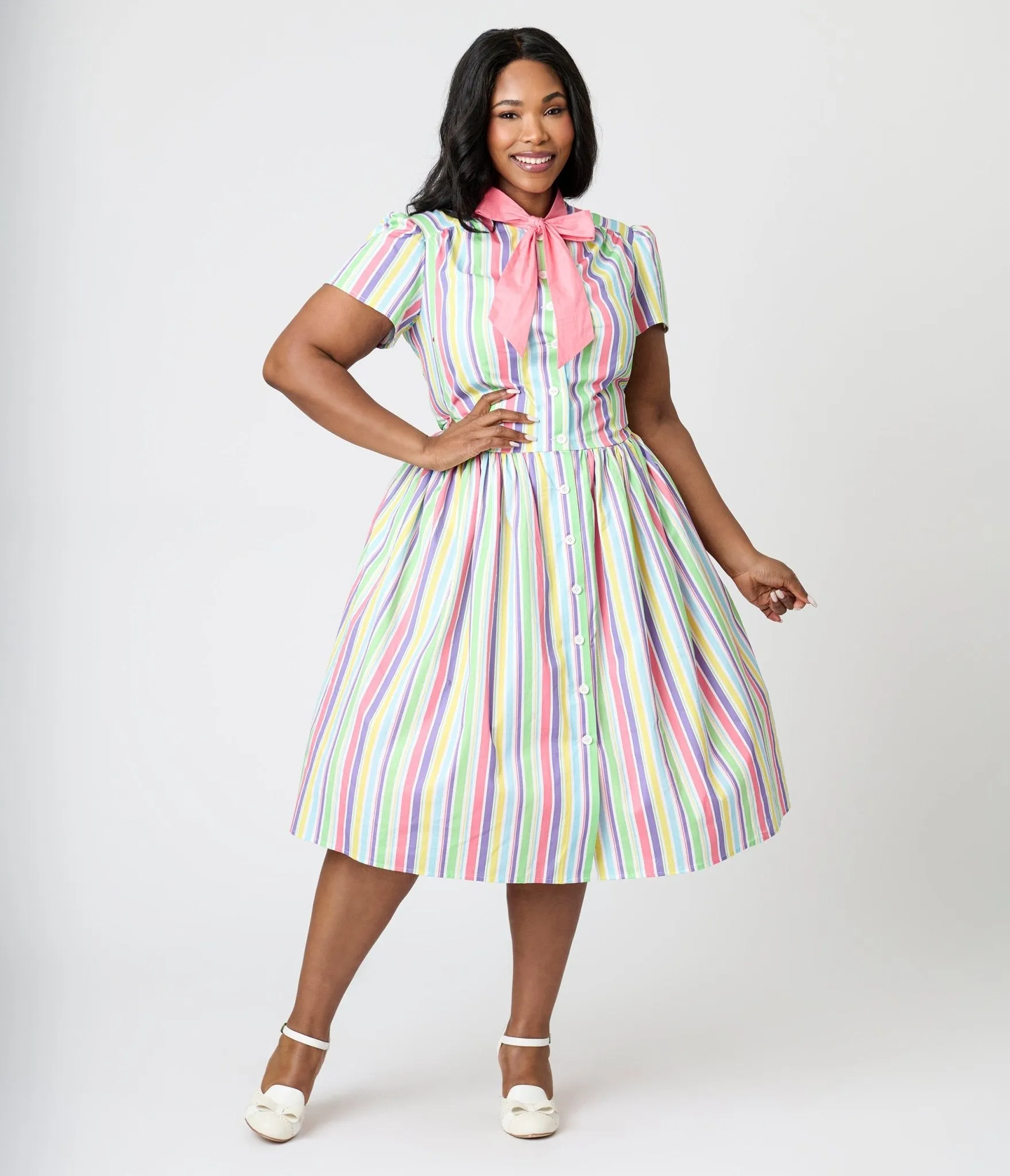 Unique Vintage Plus Size Rainbow Pastel Stripe Dapper Dan Bow Swing Dress Casual Everyday Look