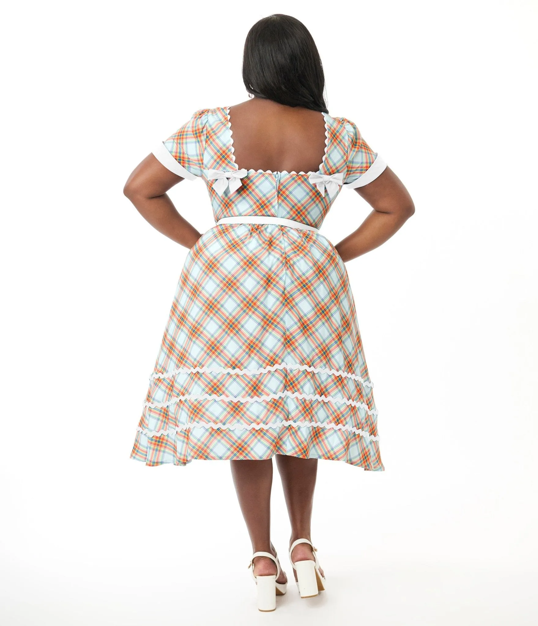 Unique Vintage Plus Size Rainbow Plaid Swing Dress Casual Everyday Look