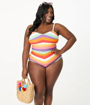 Unique Vintage Plus Size Rainbow Stripe Barbara One Piece Swimsuit Beach Vacation Ready