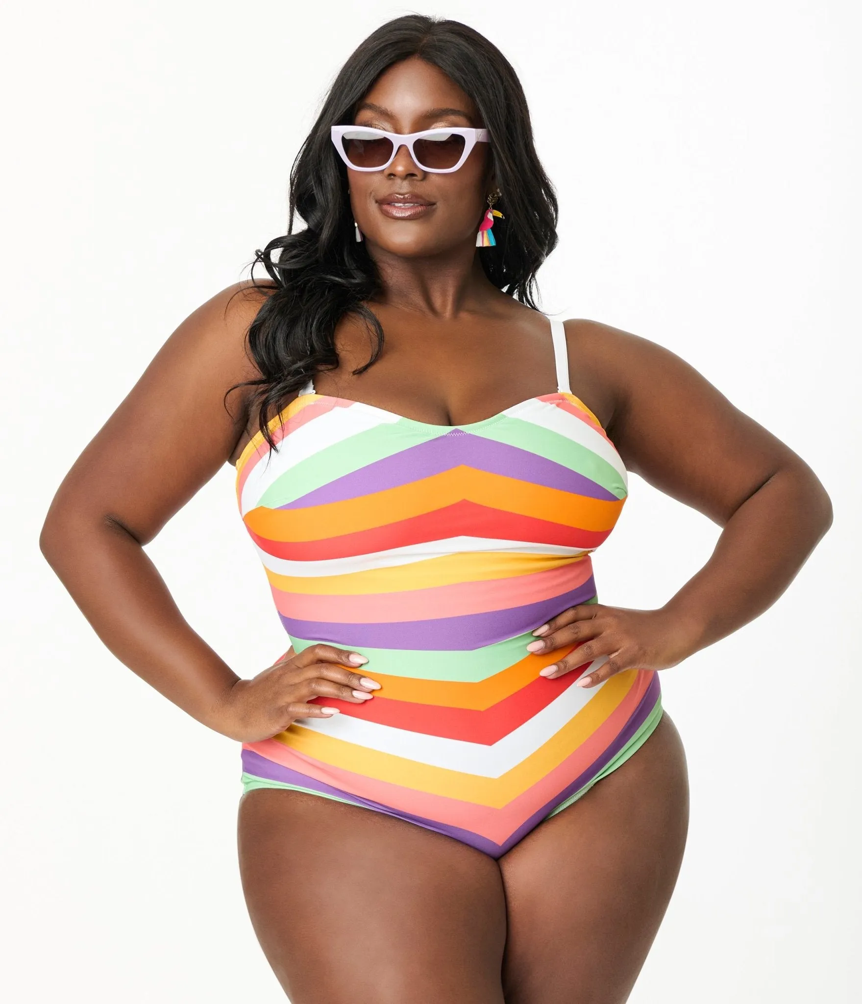 Unique Vintage Plus Size Rainbow Stripe Barbara One Piece Swimsuit Beach Vacation Ready