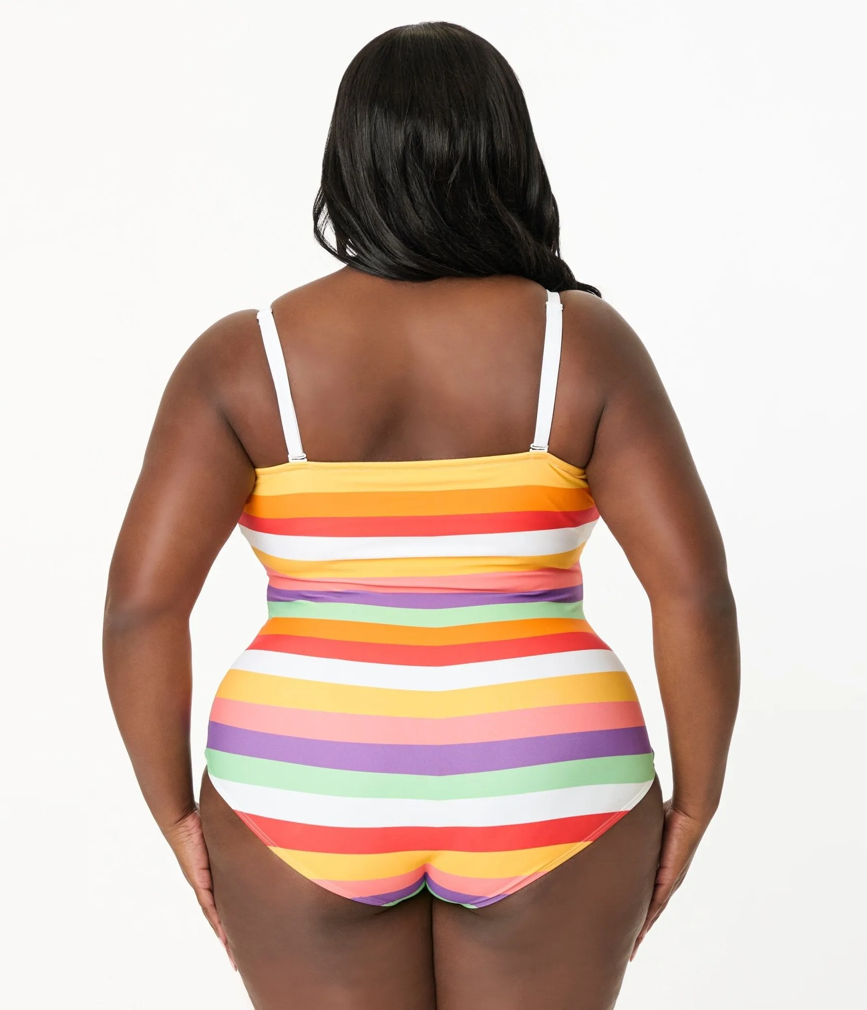 Unique Vintage Plus Size Rainbow Stripe Barbara One Piece Swimsuit Beach Vacation Ready