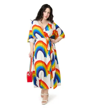 Unique Vintage Plus Size Rainbow Wrap Midi Dress Casual Everyday Look