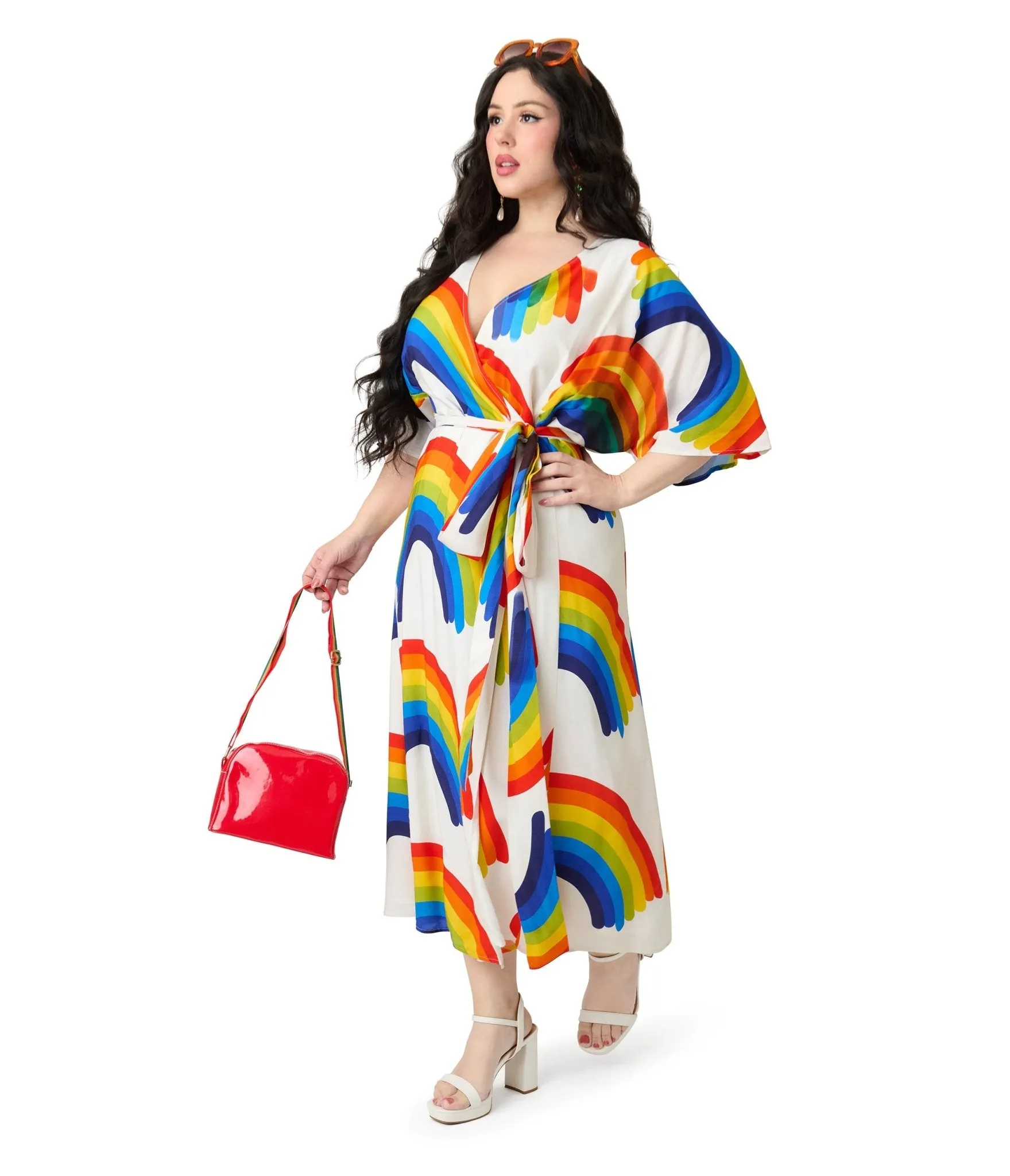 Unique Vintage Plus Size Rainbow Wrap Midi Dress Casual Everyday Look