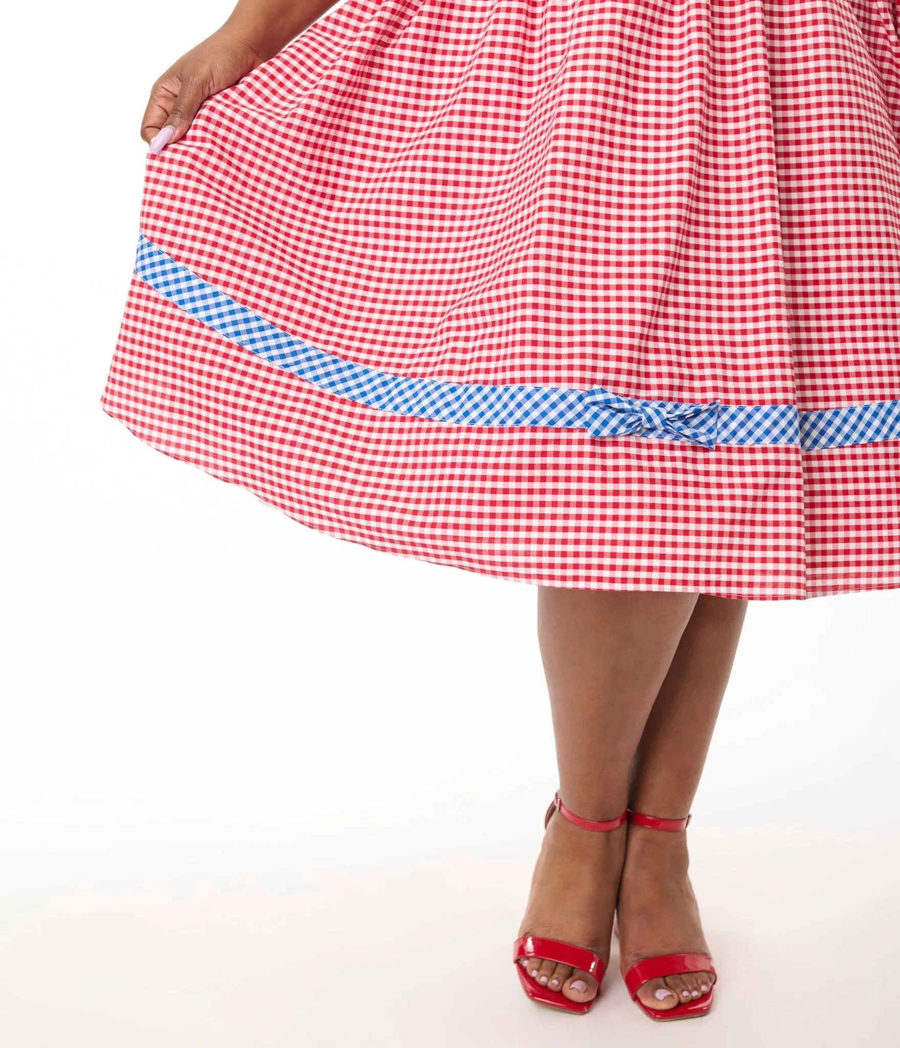 Unique Vintage Plus Size Red & Blue Gingham Swing Dress Casual Everyday Look