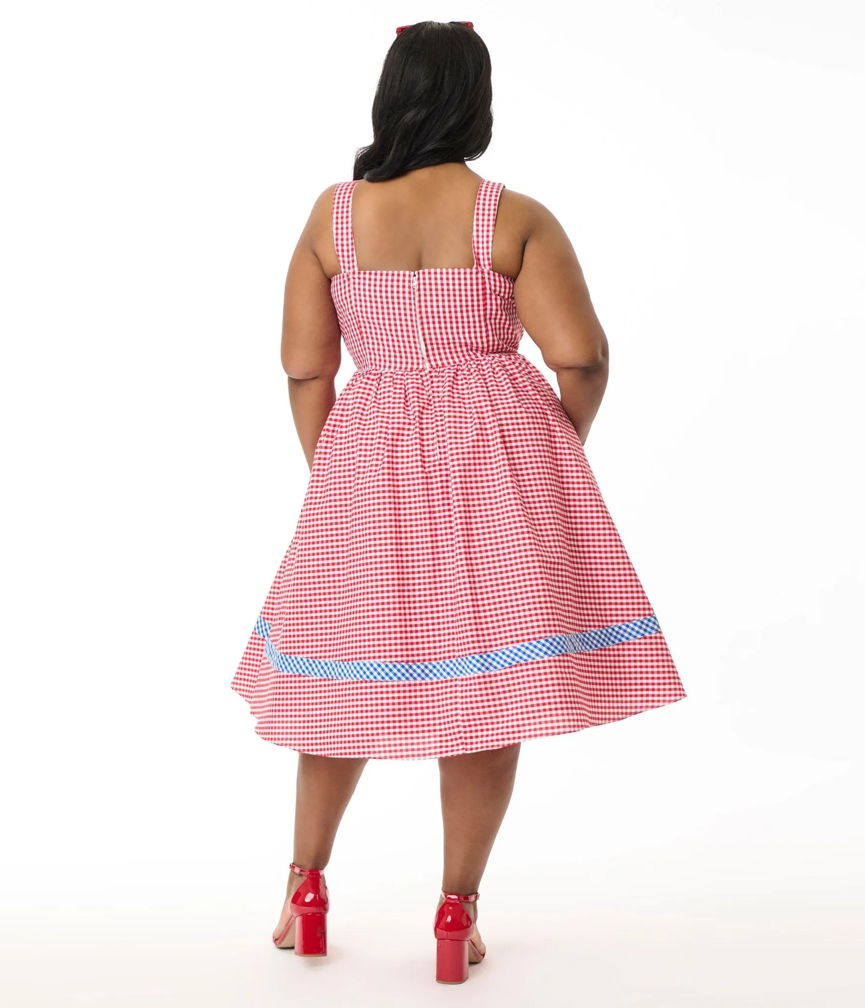 Unique Vintage Plus Size Red & Blue Gingham Swing Dress Casual Everyday Look