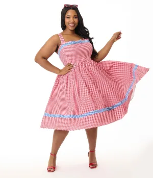 Unique Vintage Plus Size Red & Blue Gingham Swing Dress Casual Everyday Look