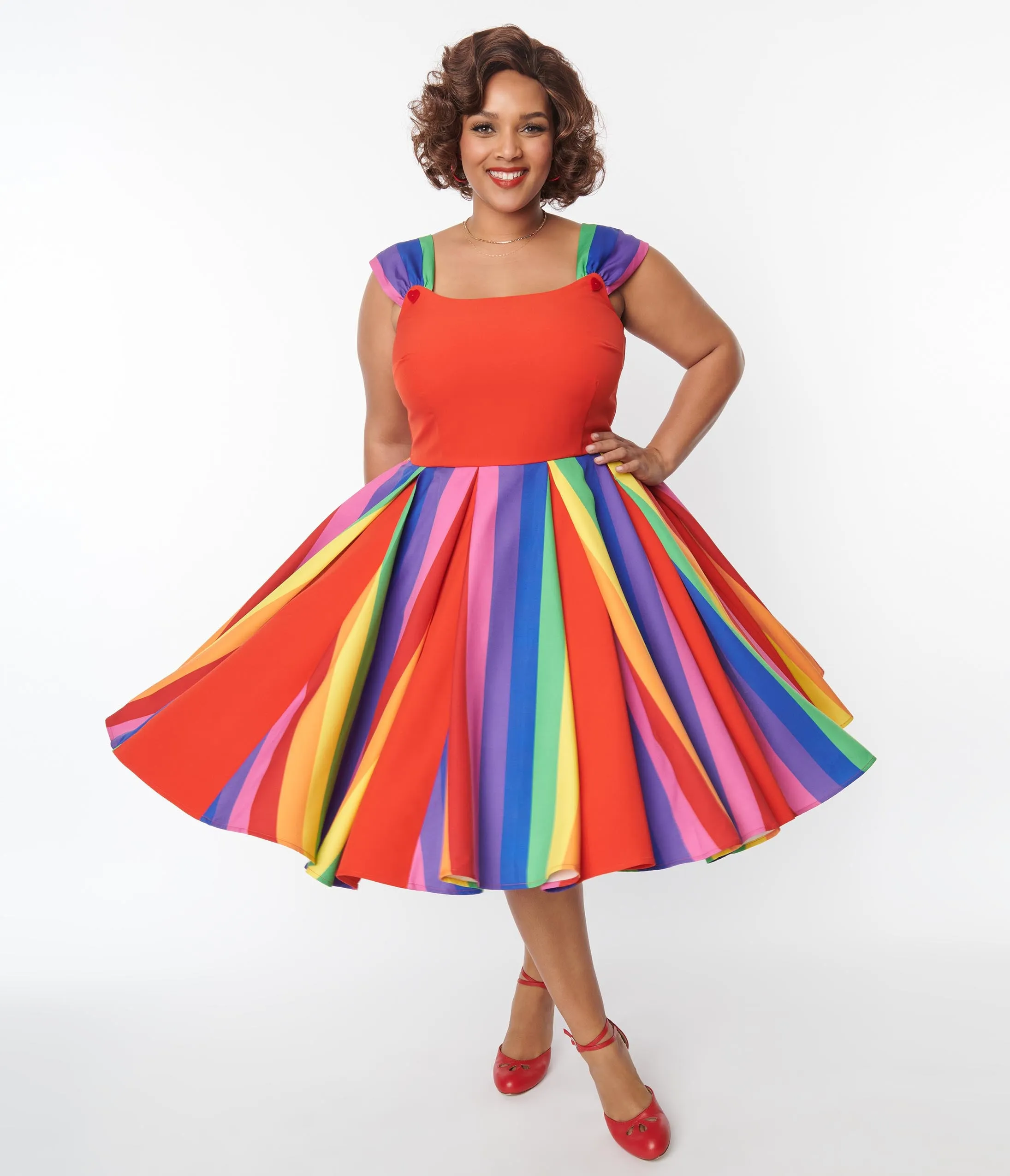 Unique Vintage Plus Size Red & Rainbow Stripe Swing Dress Casual Everyday Look