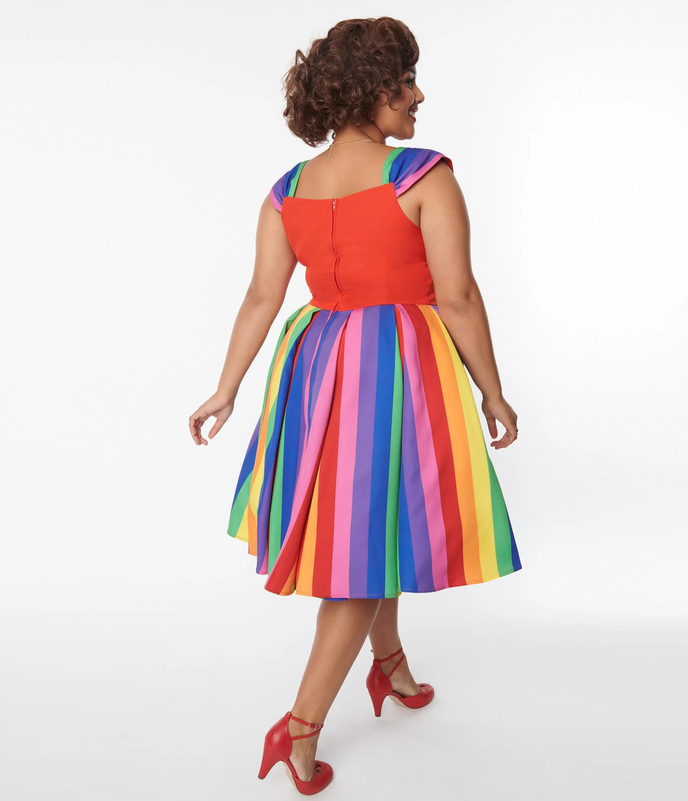 Unique Vintage Plus Size Red & Rainbow Stripe Swing Dress Casual Everyday Look