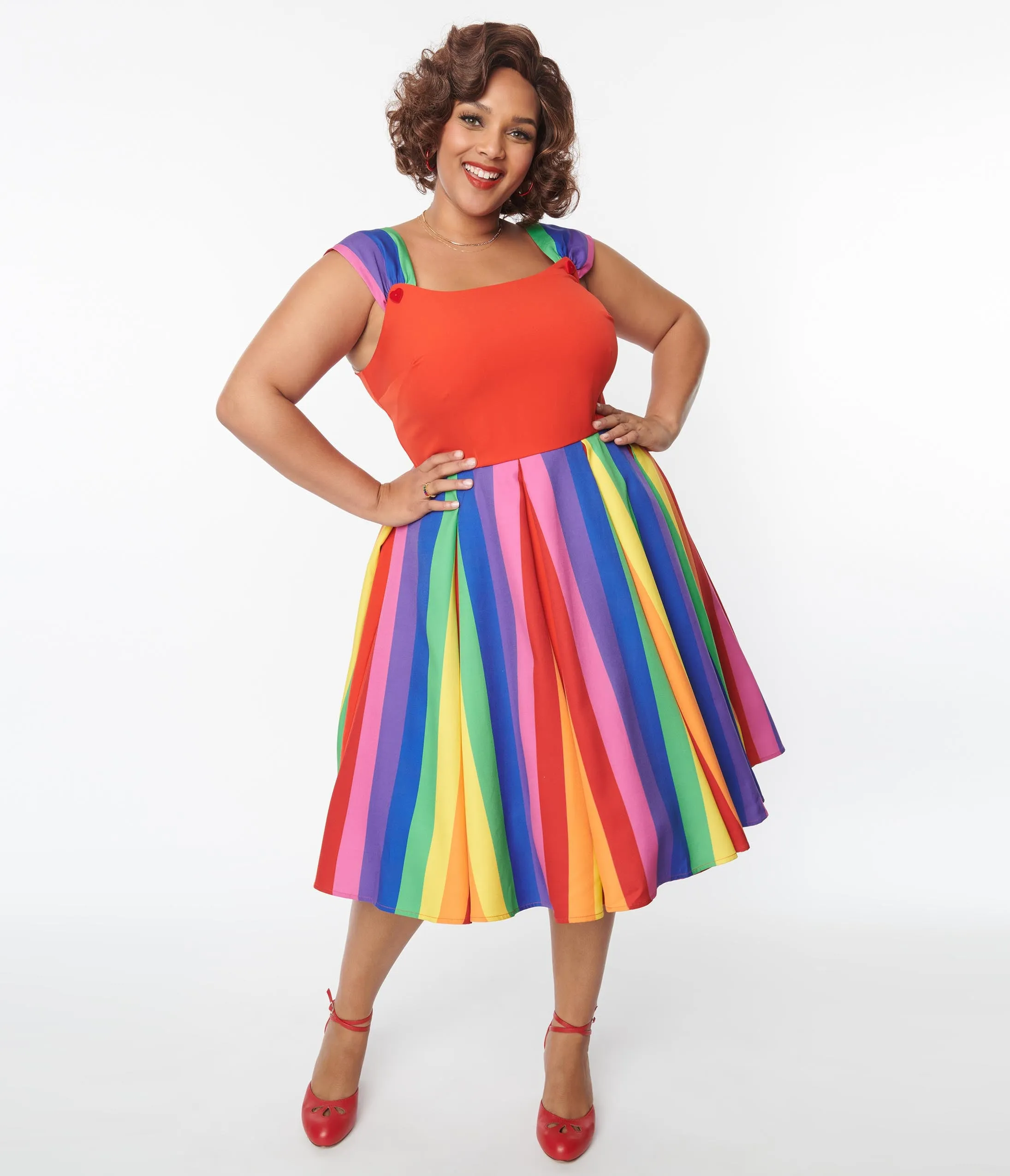 Unique Vintage Plus Size Red & Rainbow Stripe Swing Dress Casual Everyday Look