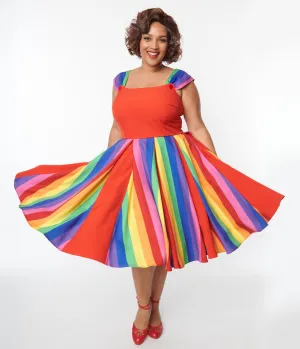 Unique Vintage Plus Size Red & Rainbow Stripe Swing Dress Casual Everyday Look