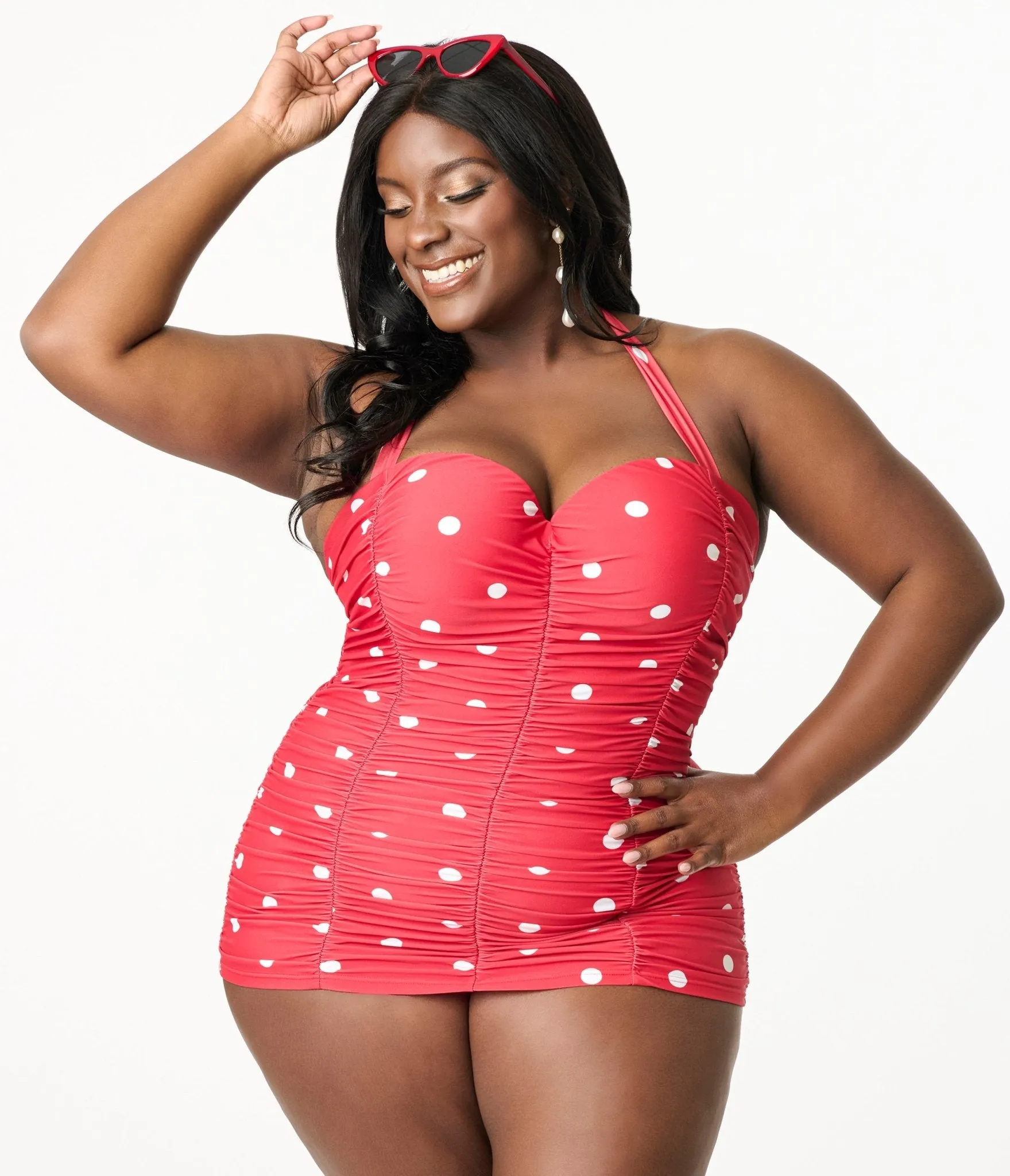 Unique Vintage Plus Size Red & White Polka Dot Mansfield Halter One Piece Swimsuit Beach Vacation Ready