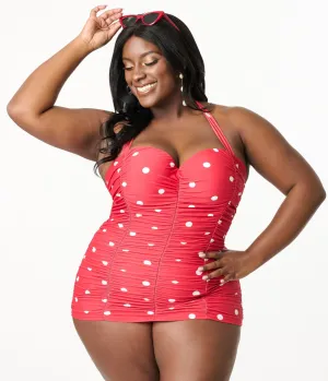 Unique Vintage Plus Size Red & White Polka Dot Mansfield Halter One Piece Swimsuit Beach Vacation Ready