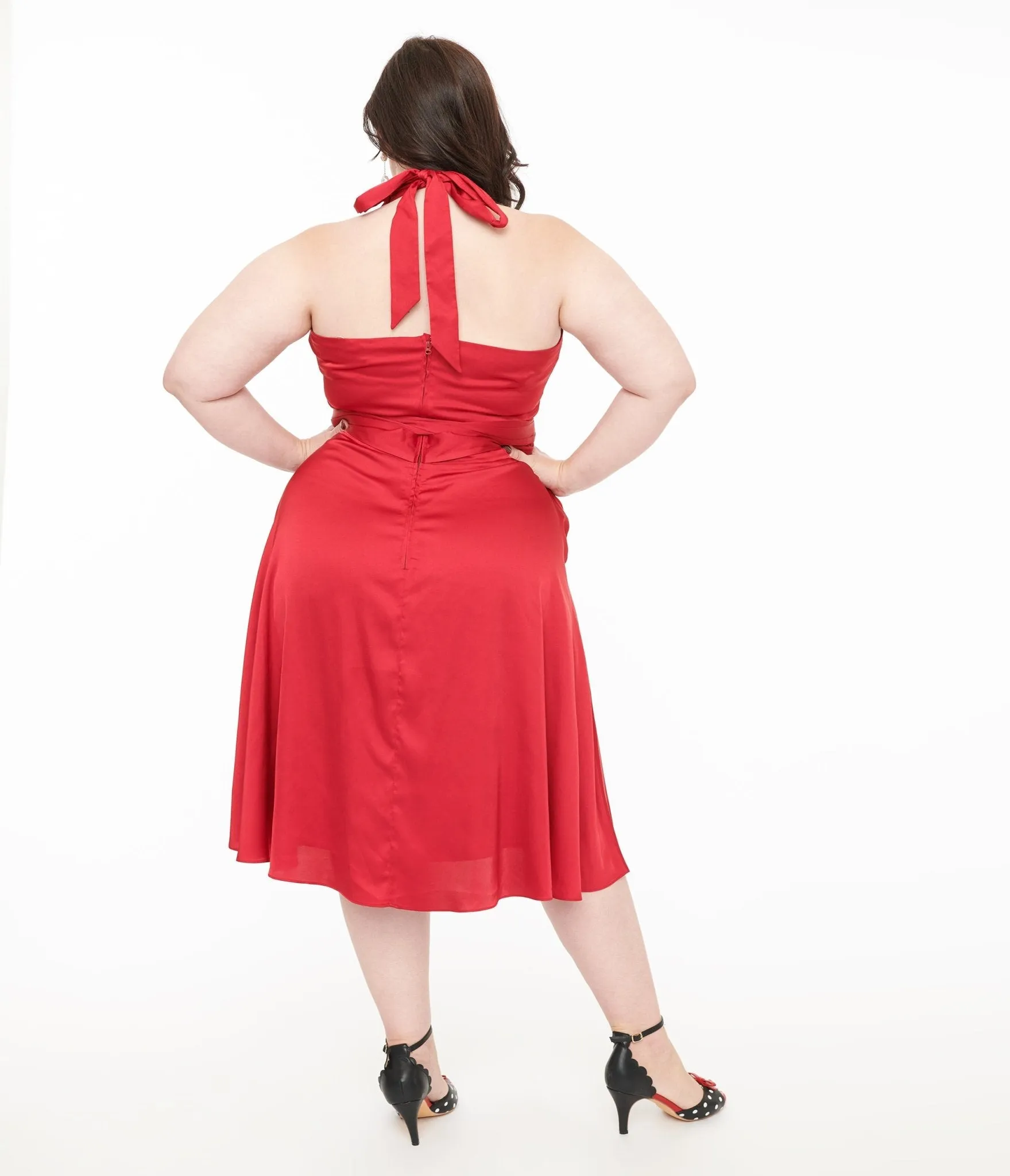 Unique Vintage Plus Size Red Satin Halter Swing Dress Casual Everyday Look