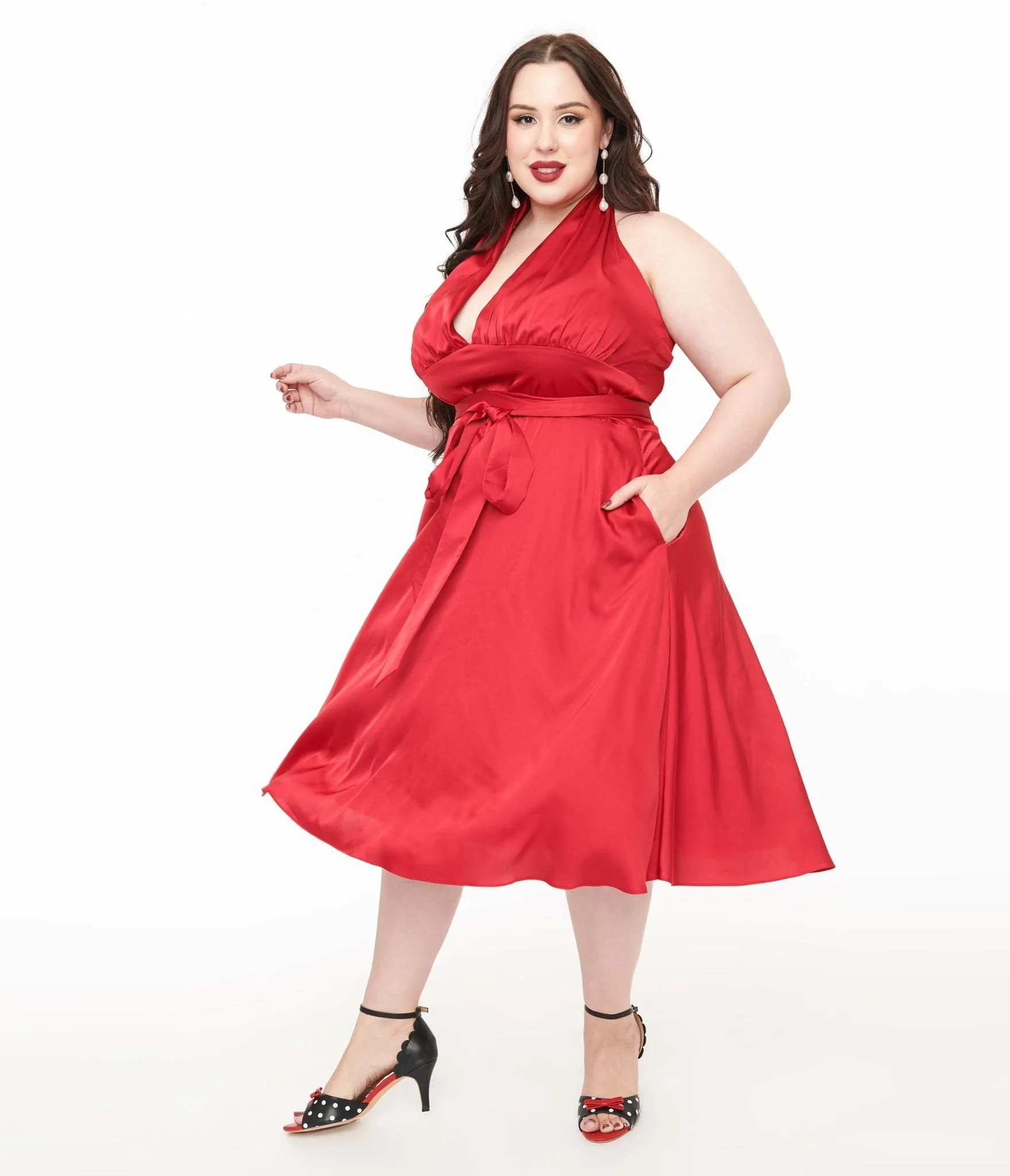 Unique Vintage Plus Size Red Satin Halter Swing Dress Casual Everyday Look