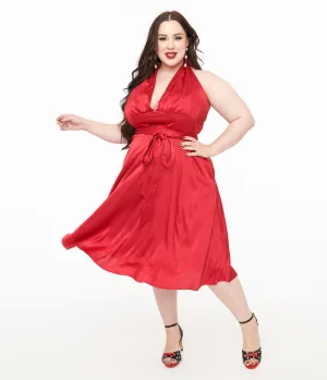 Unique Vintage Plus Size Red Satin Halter Swing Dress Casual Everyday Look