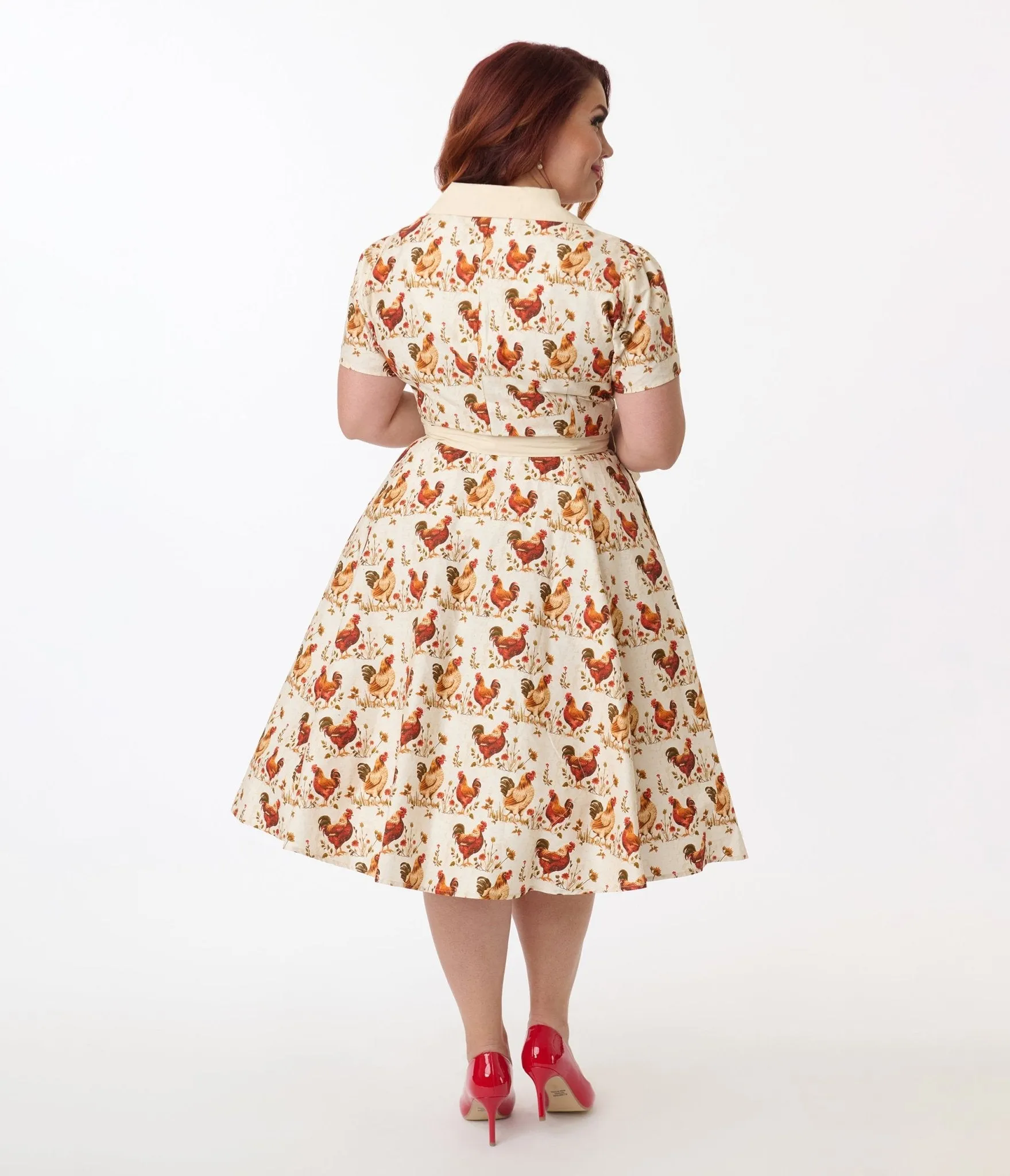 Unique Vintage Plus Size Rooster Print Cotton Shirt Dress Casual Everyday Look