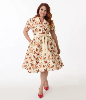 Unique Vintage Plus Size Rooster Print Cotton Shirt Dress Casual Everyday Look