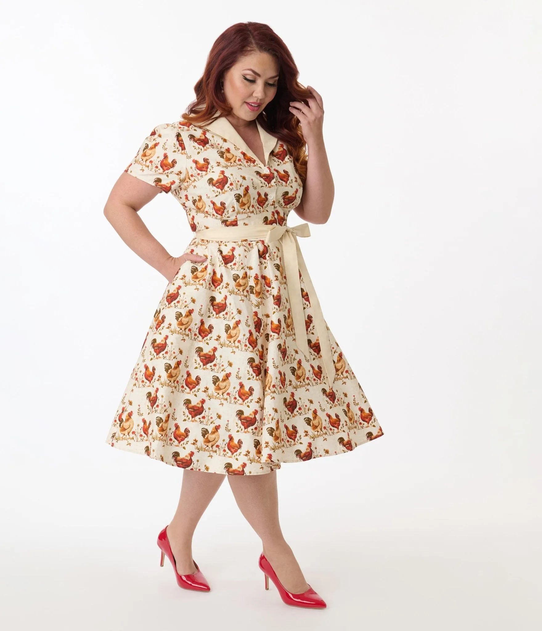 Unique Vintage Plus Size Rooster Print Cotton Shirt Dress Casual Everyday Look