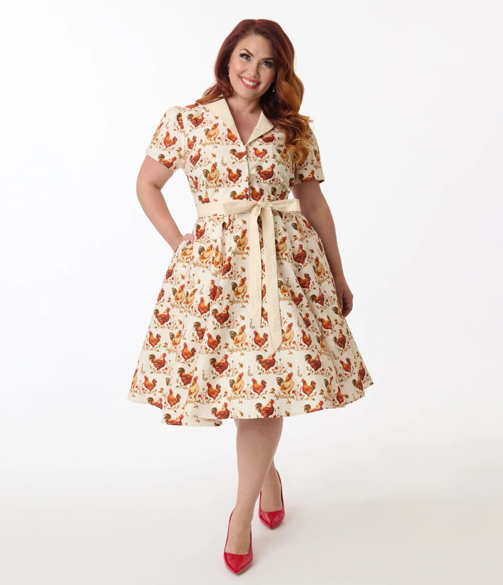 Unique Vintage Plus Size Rooster Print Cotton Shirt Dress Casual Everyday Look