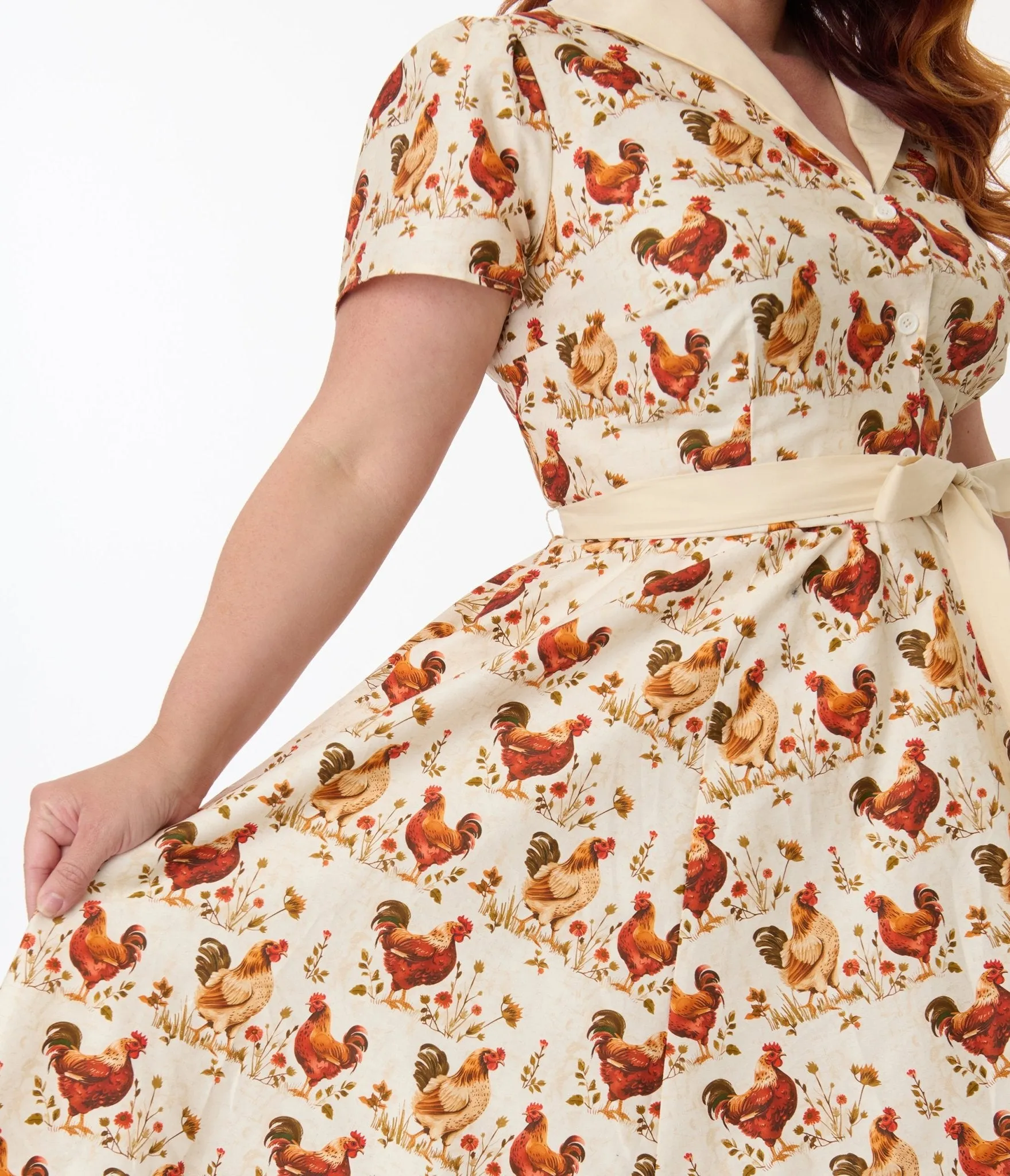 Unique Vintage Plus Size Rooster Print Cotton Shirt Dress Casual Everyday Look