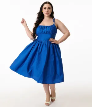 Unique Vintage Plus Size Royal Blue Sleeveless Cotton Swing Dress Casual Everyday Look