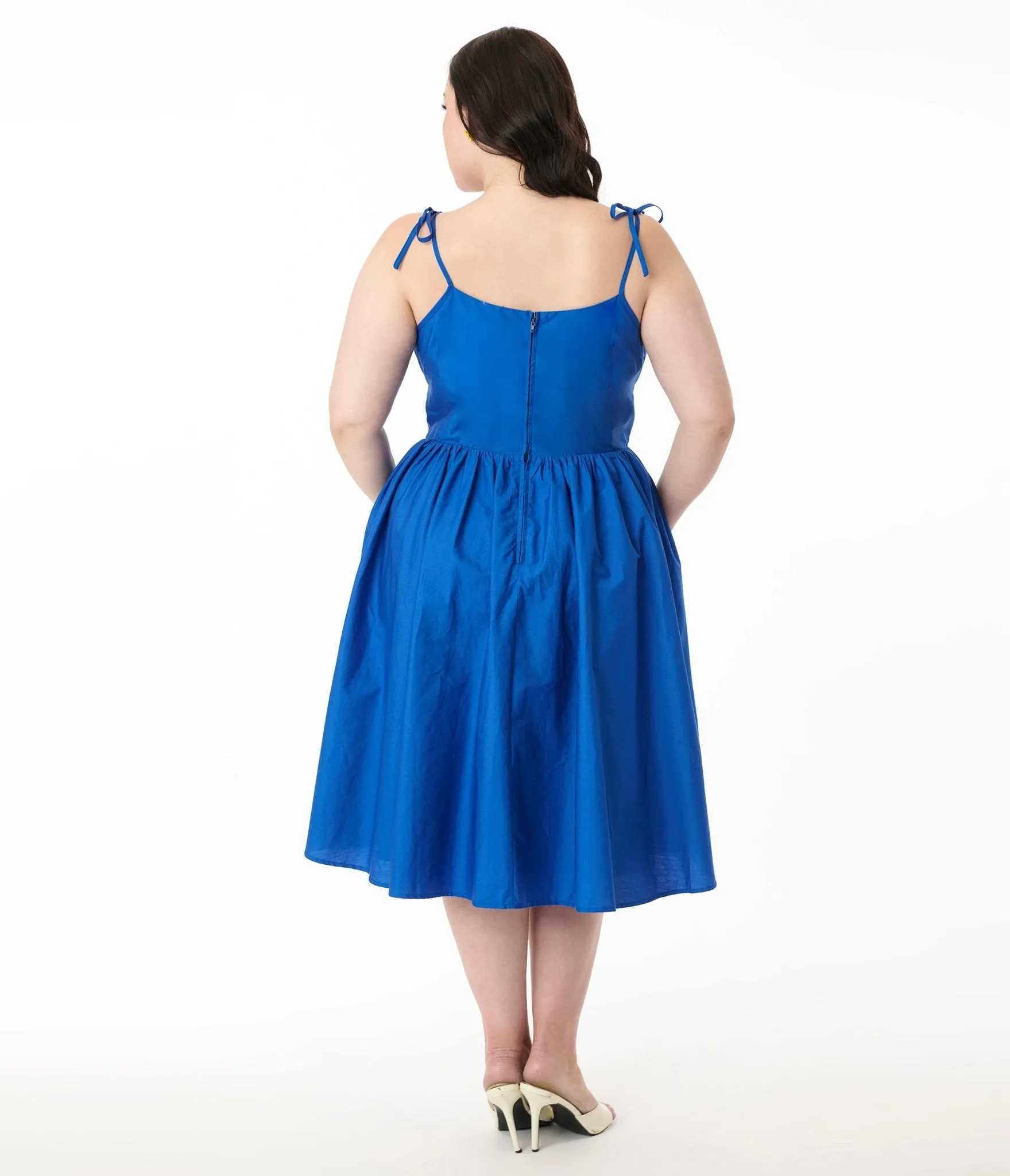 Unique Vintage Plus Size Royal Blue Sleeveless Cotton Swing Dress Casual Everyday Look