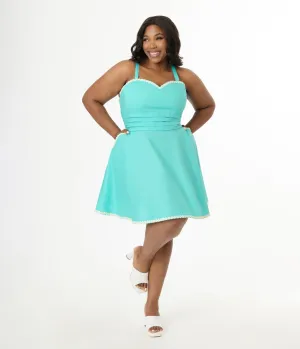 Unique Vintage Plus Size Seafoam Green & Daisy Cotton Flare Dress Casual Everyday Look