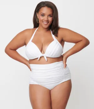 Unique Vintage Plus Size Solid White Monroe Halter Swim Top Beach Vacation Ready
