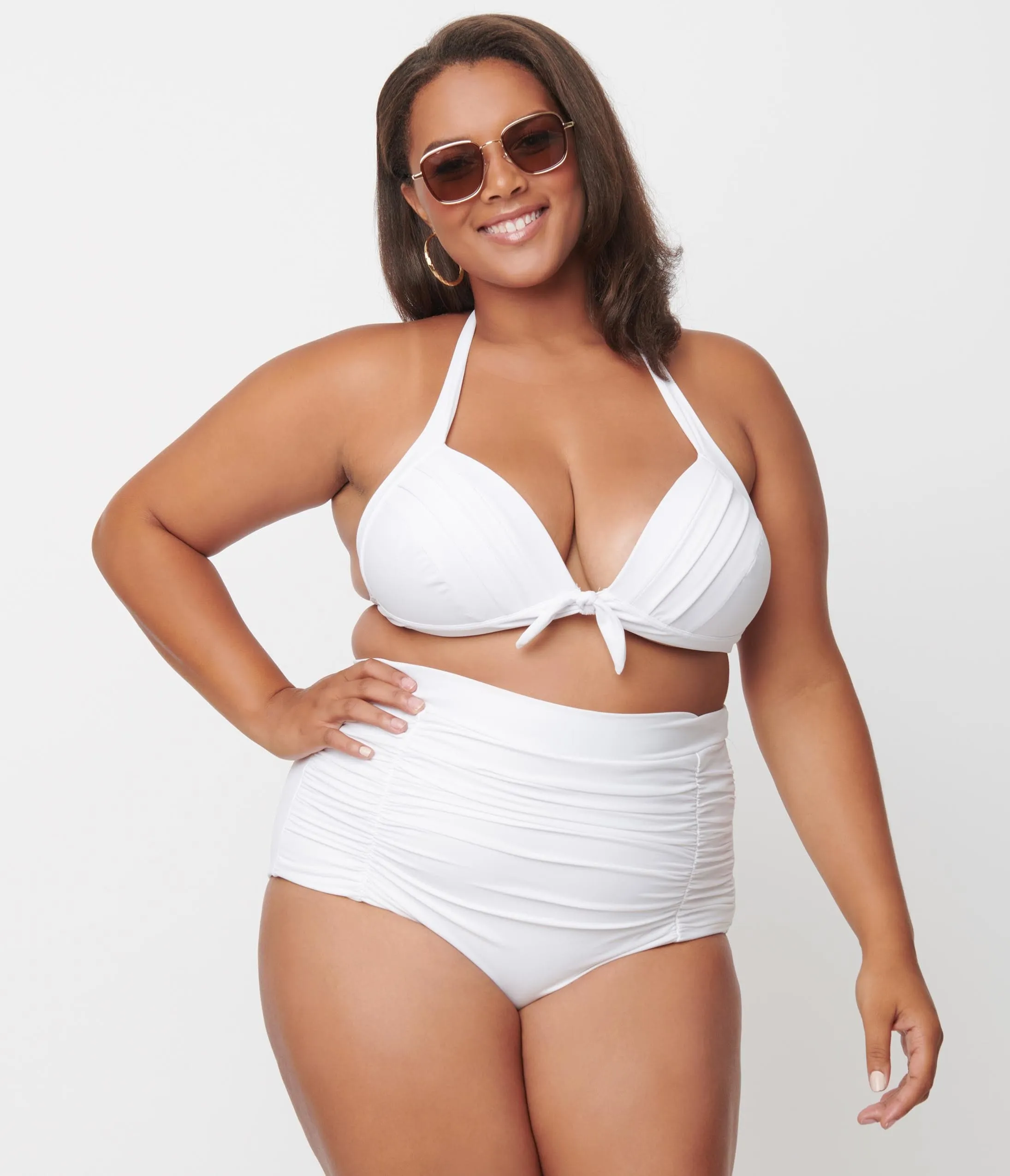 Unique Vintage Plus Size Solid White Monroe Halter Swim Top Beach Vacation Ready