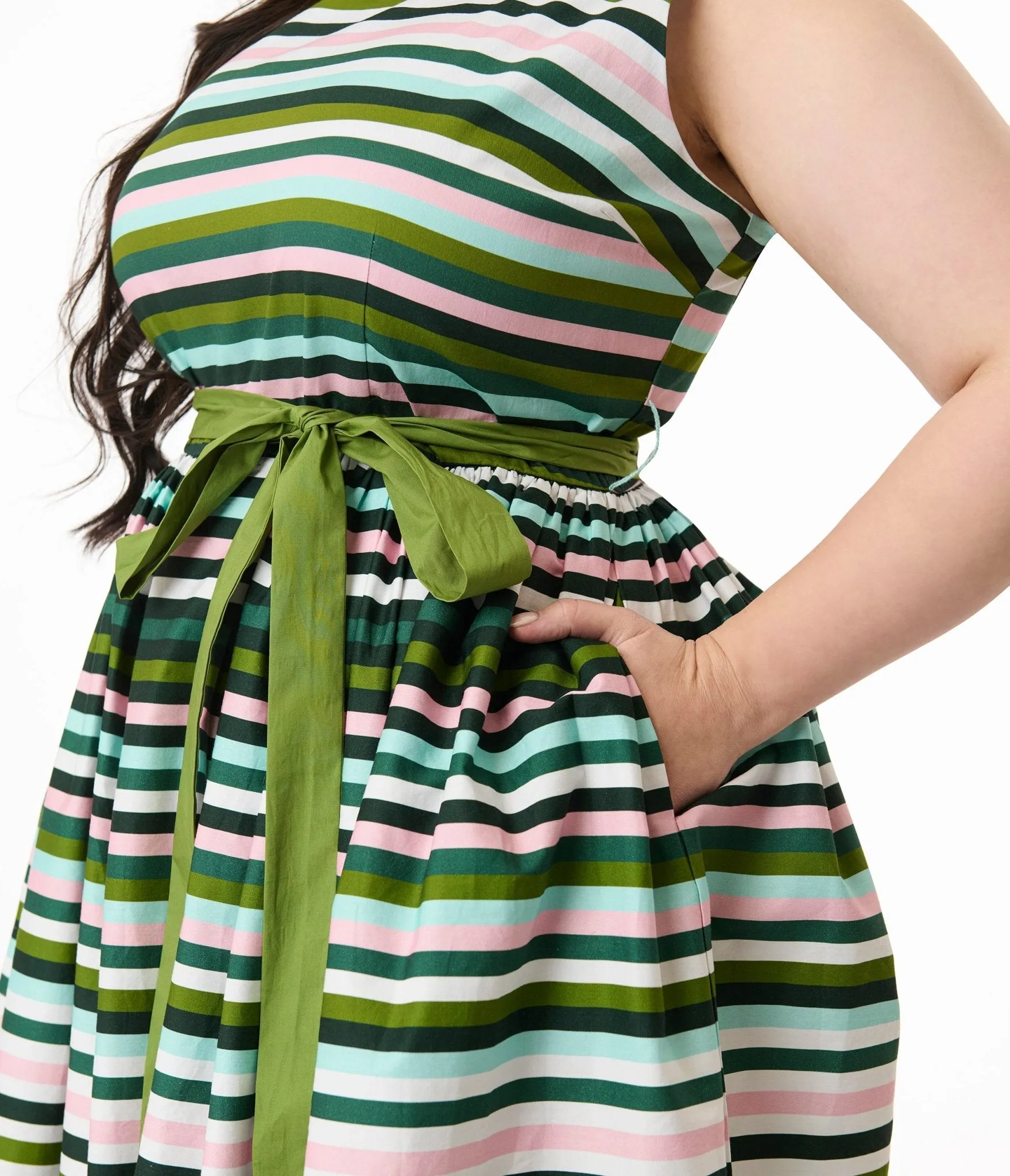 Unique Vintage Plus Size Spring Stripe Sleeveless Cotton Swing Dress Casual Everyday Look