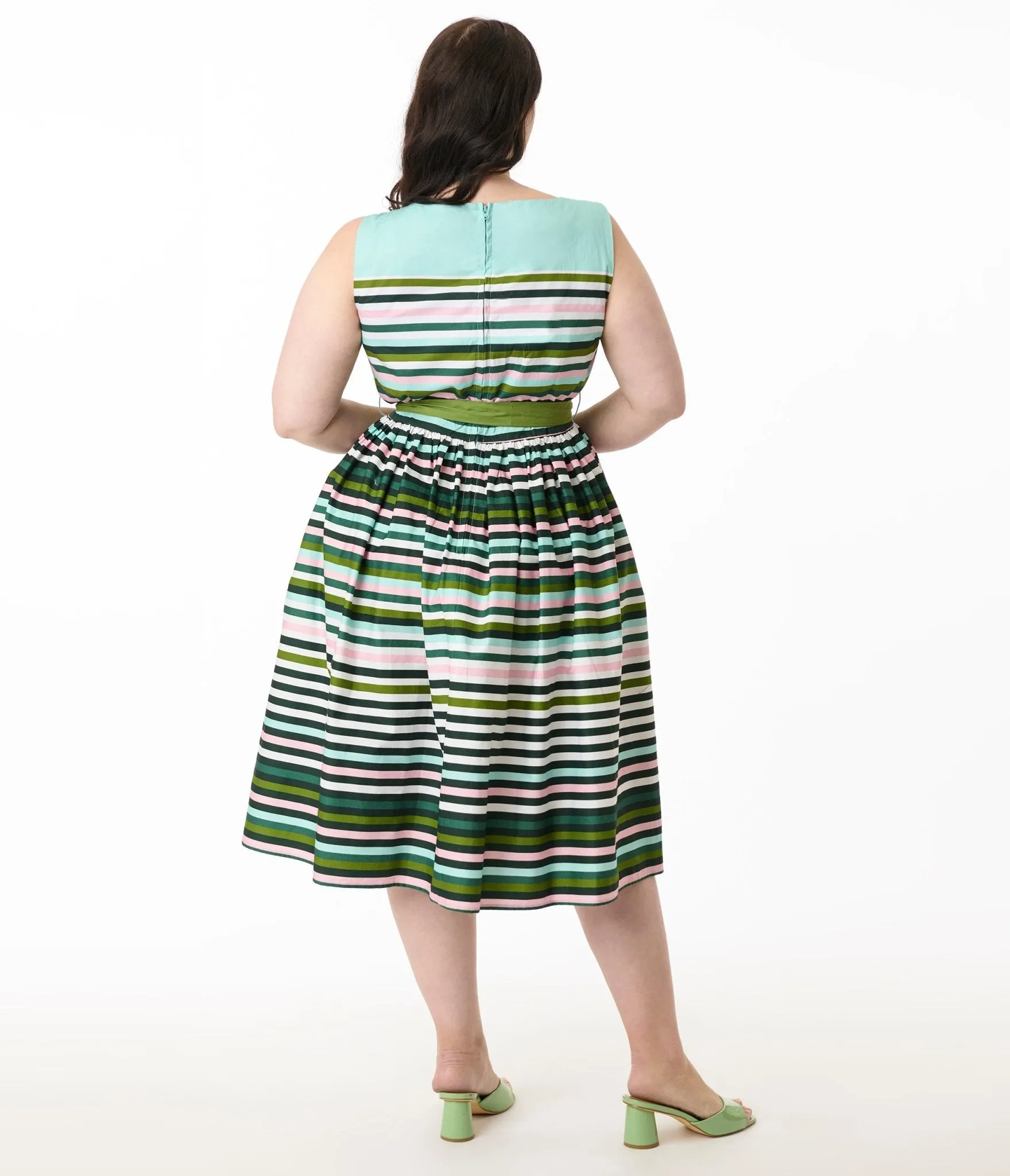 Unique Vintage Plus Size Spring Stripe Sleeveless Cotton Swing Dress Casual Everyday Look