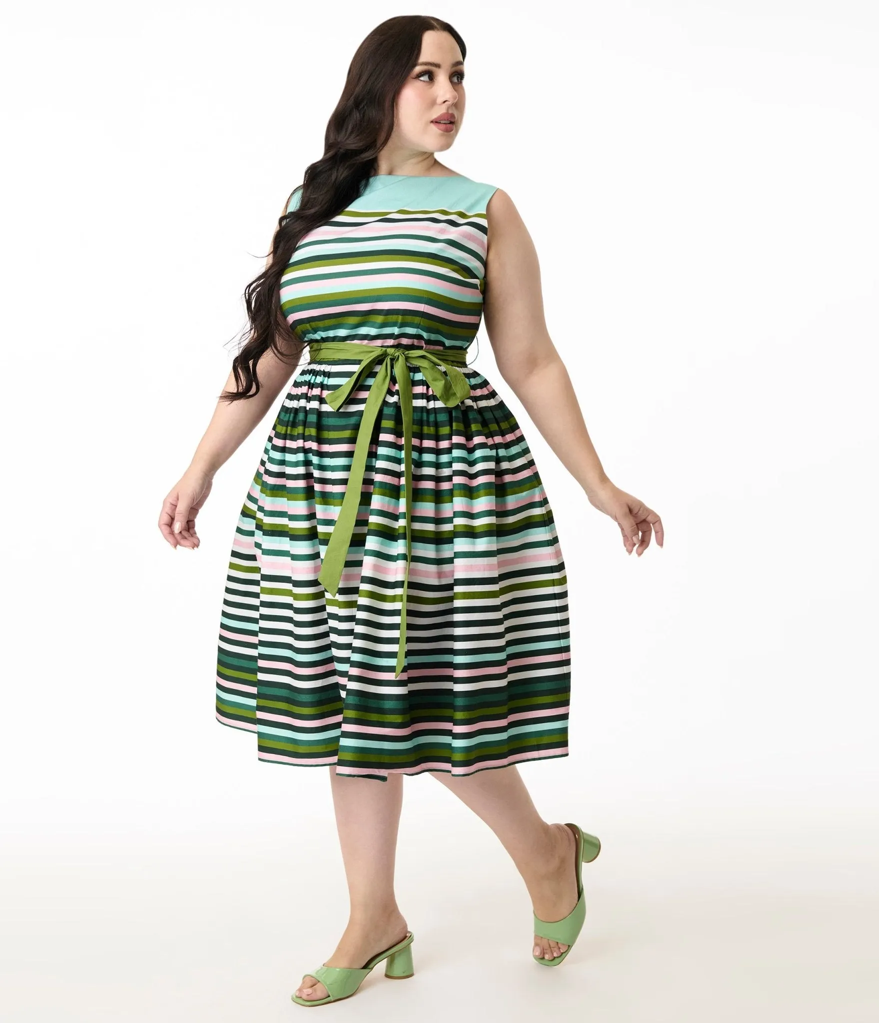 Unique Vintage Plus Size Spring Stripe Sleeveless Cotton Swing Dress Casual Everyday Look