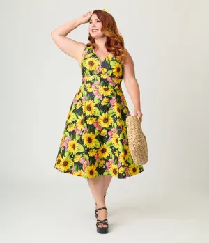 Unique Vintage Plus Size Sunflower Cotton Halter Swing Dress Casual Everyday Look