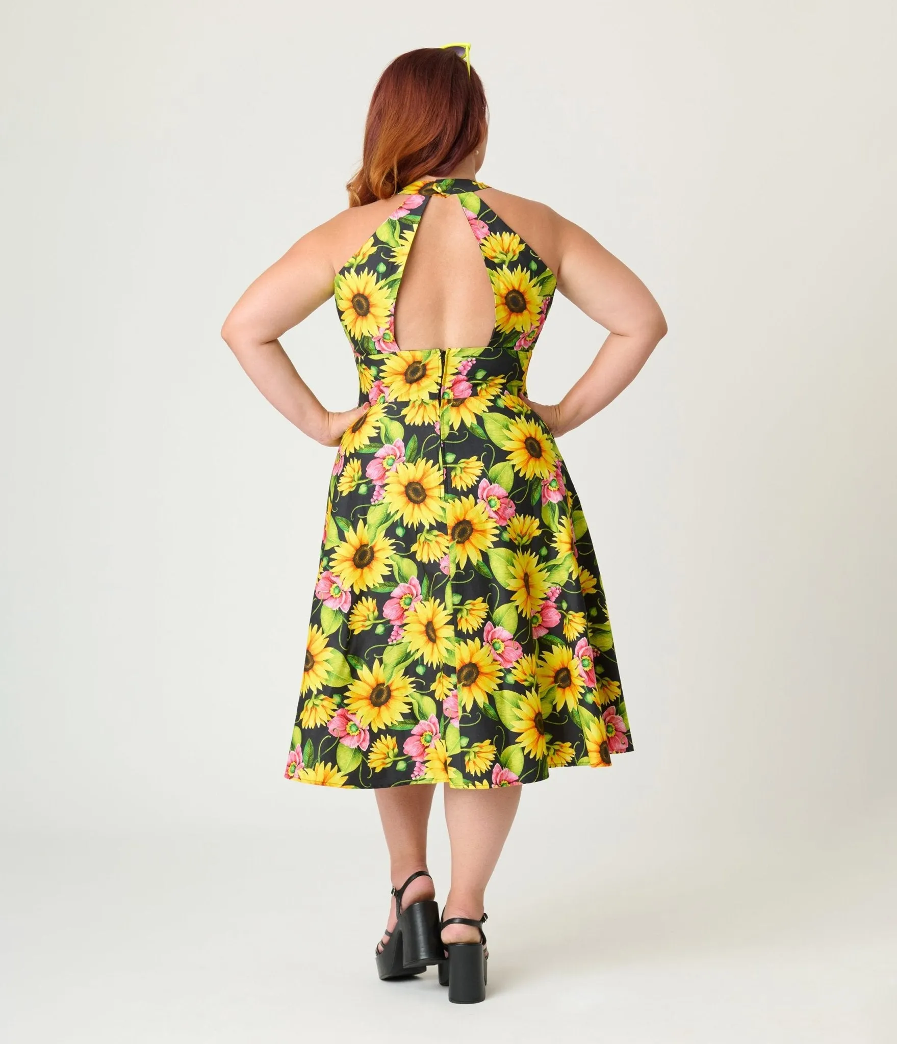 Unique Vintage Plus Size Sunflower Cotton Halter Swing Dress Casual Everyday Look