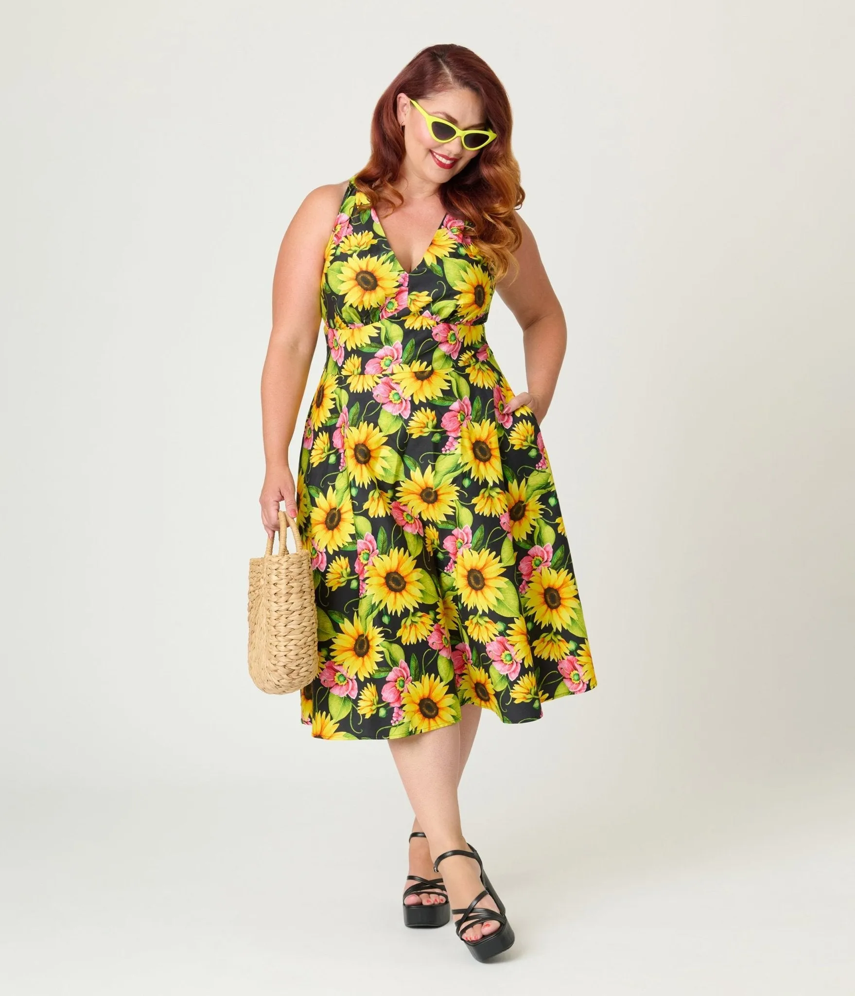 Unique Vintage Plus Size Sunflower Cotton Halter Swing Dress Casual Everyday Look