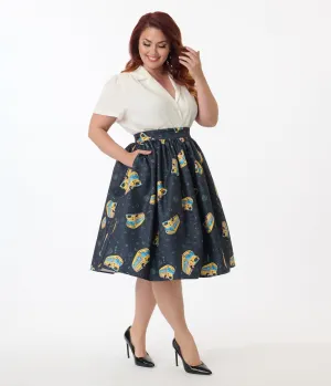 Unique Vintage Plus Size Teacher Appreciation Navy & Yellow School Bus Print Gellar Swing Skirt Comfortable Travel Wear