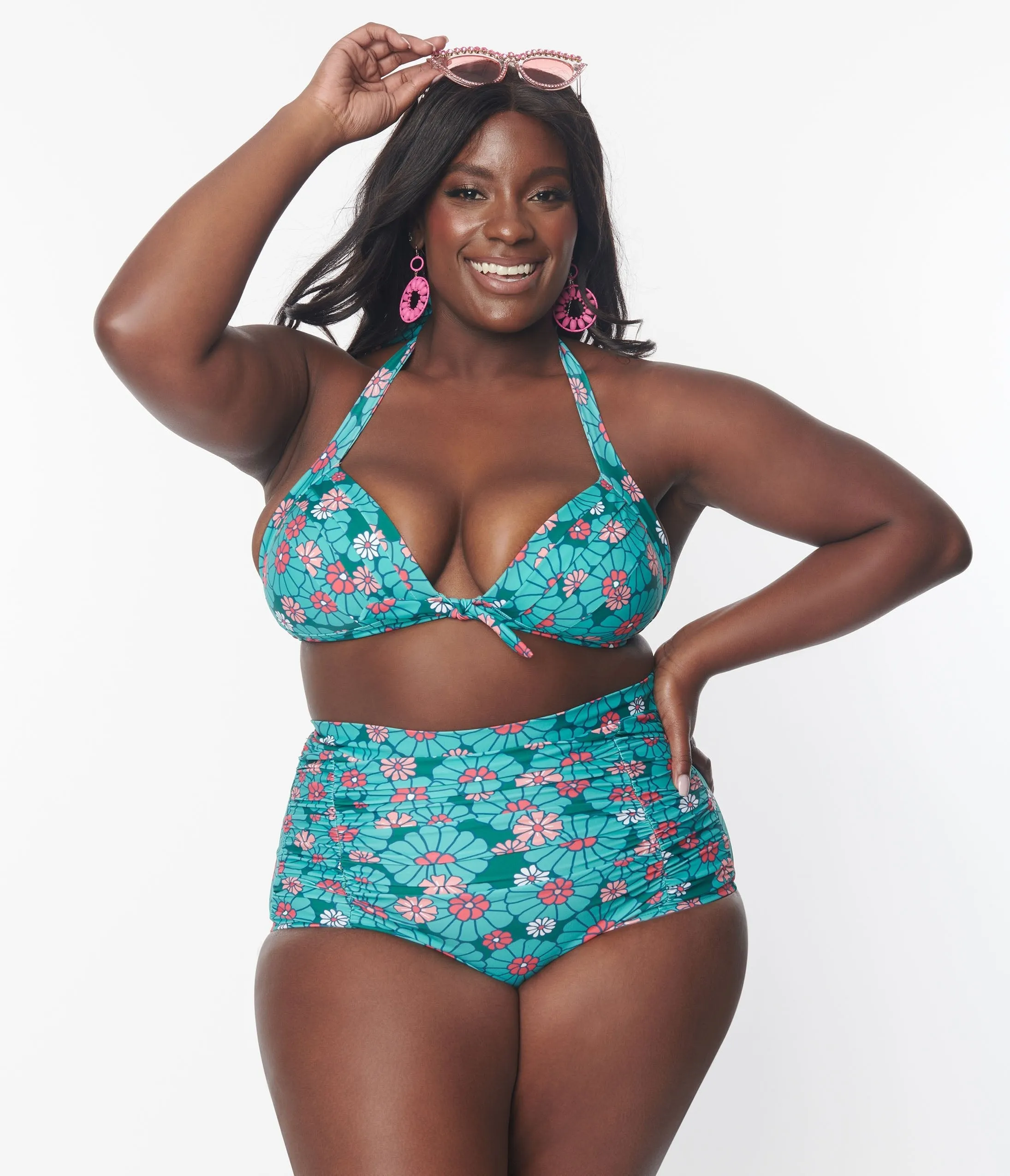 Unique Vintage Plus Size Teal Flower Child Monroe Halter Swim Top Beach Vacation Ready