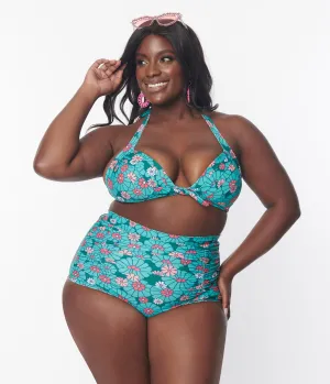 Unique Vintage Plus Size Teal Flower Child Monroe Halter Swim Top Beach Vacation Ready