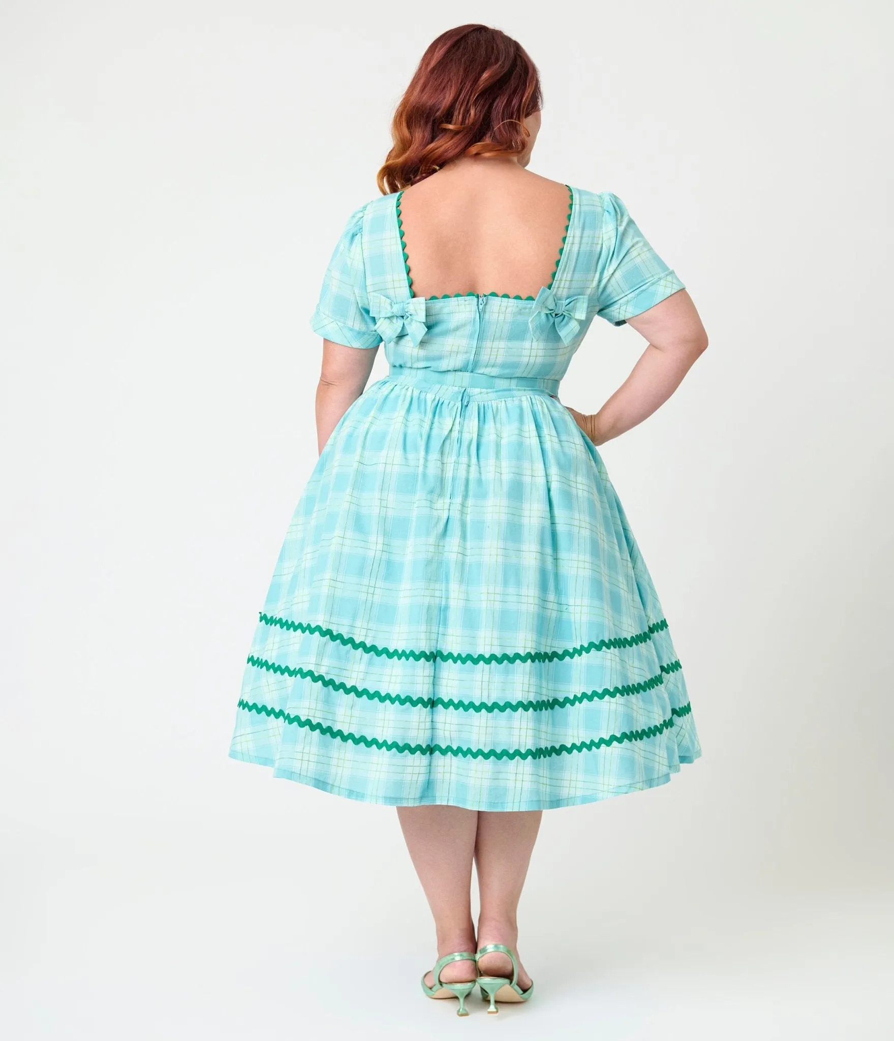 Unique Vintage Plus Size Teal Plaid & Green Cotton Swing Dress Casual Everyday Look